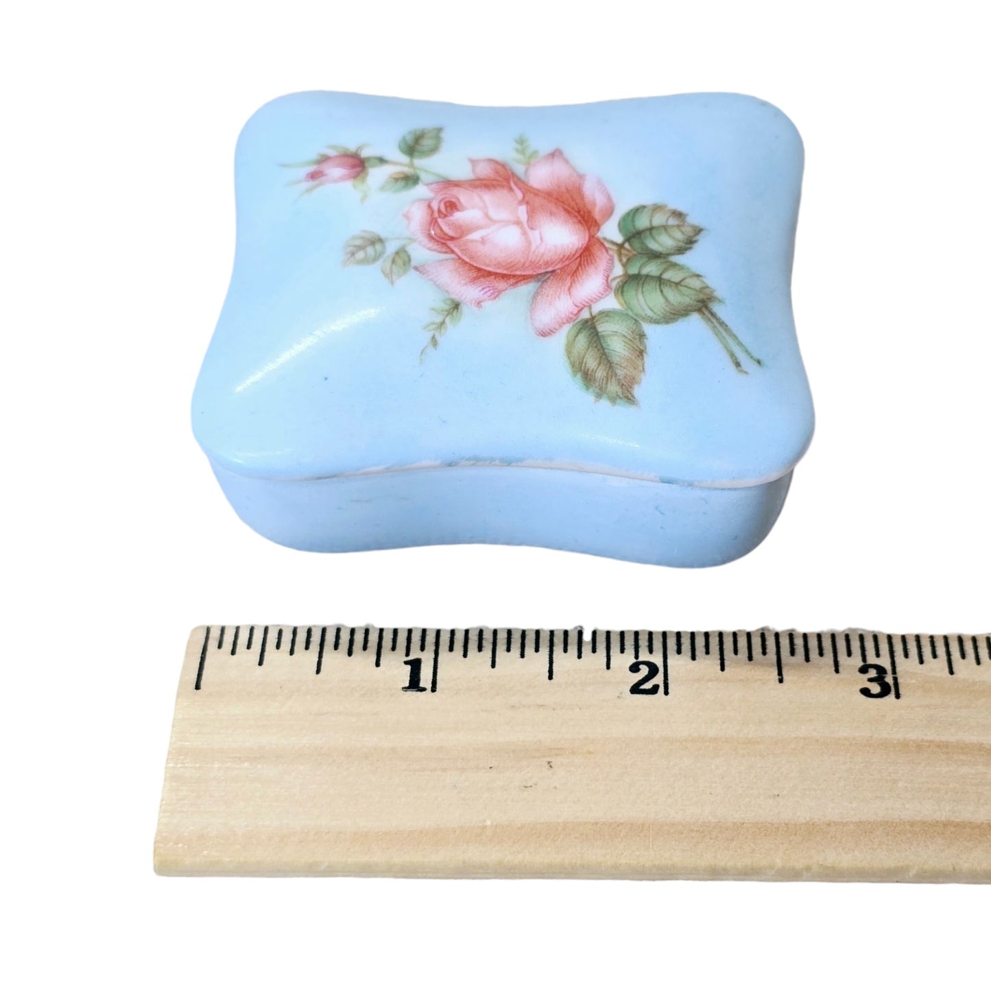 * 1960's Signed Beautiful Rose in Bloom Blue Porcelain Vintage Trinket Box