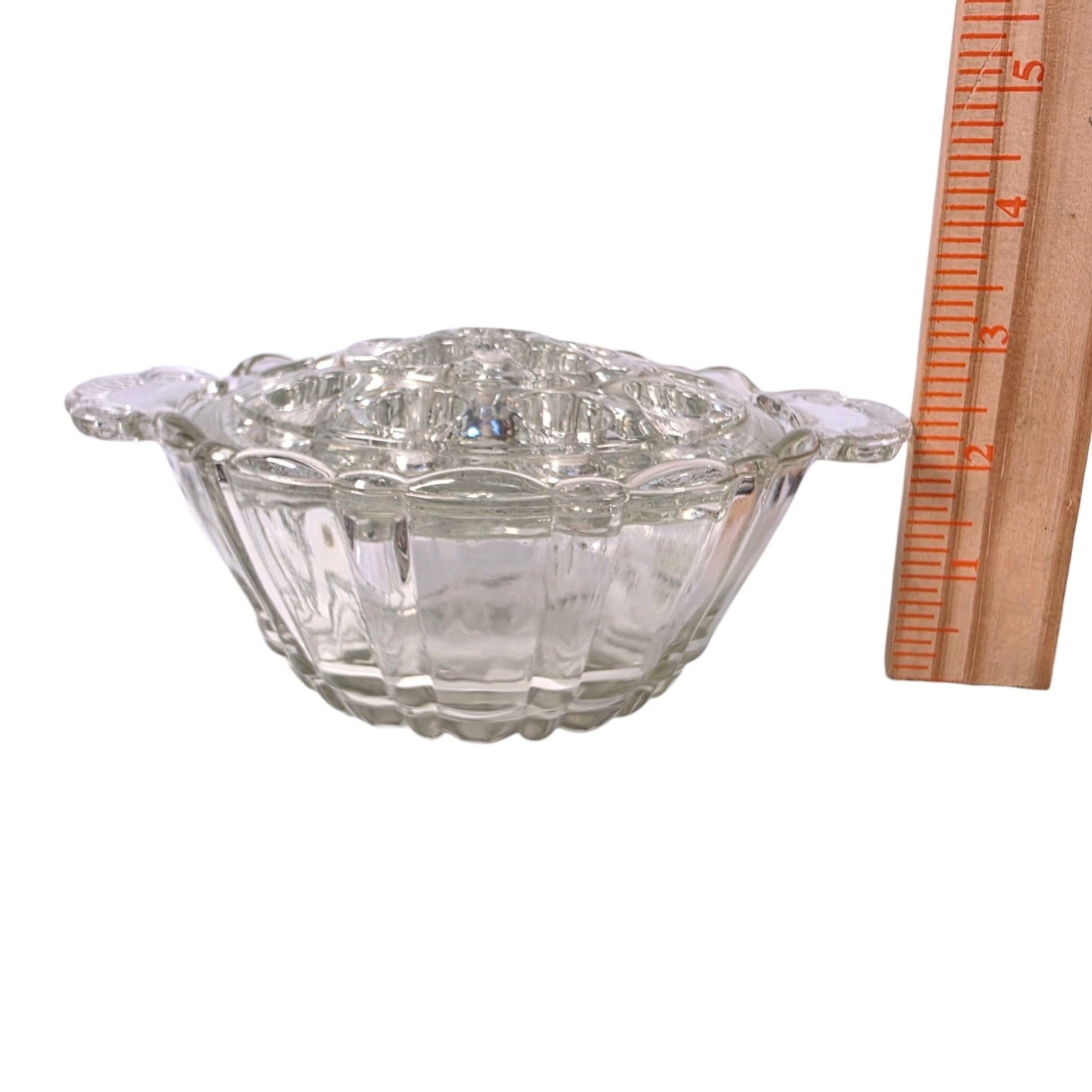 Vintage Clear Pressed Glass Flower Frog Bowl 16-Hole Handle Vase Set
