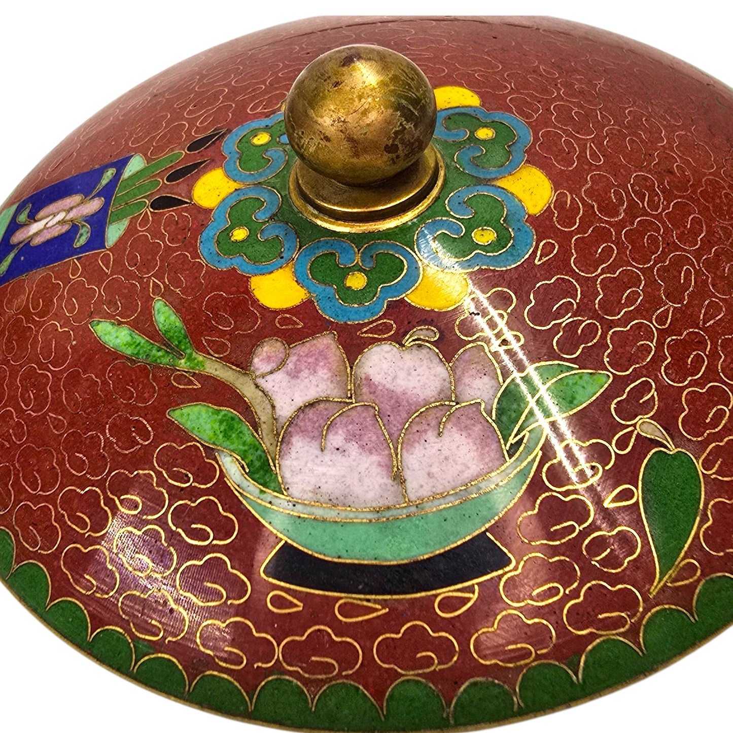 Vtg Chinese Cloisonne Lidded Bowl Red Enamel Lotus Floral Brass Vanity Dish