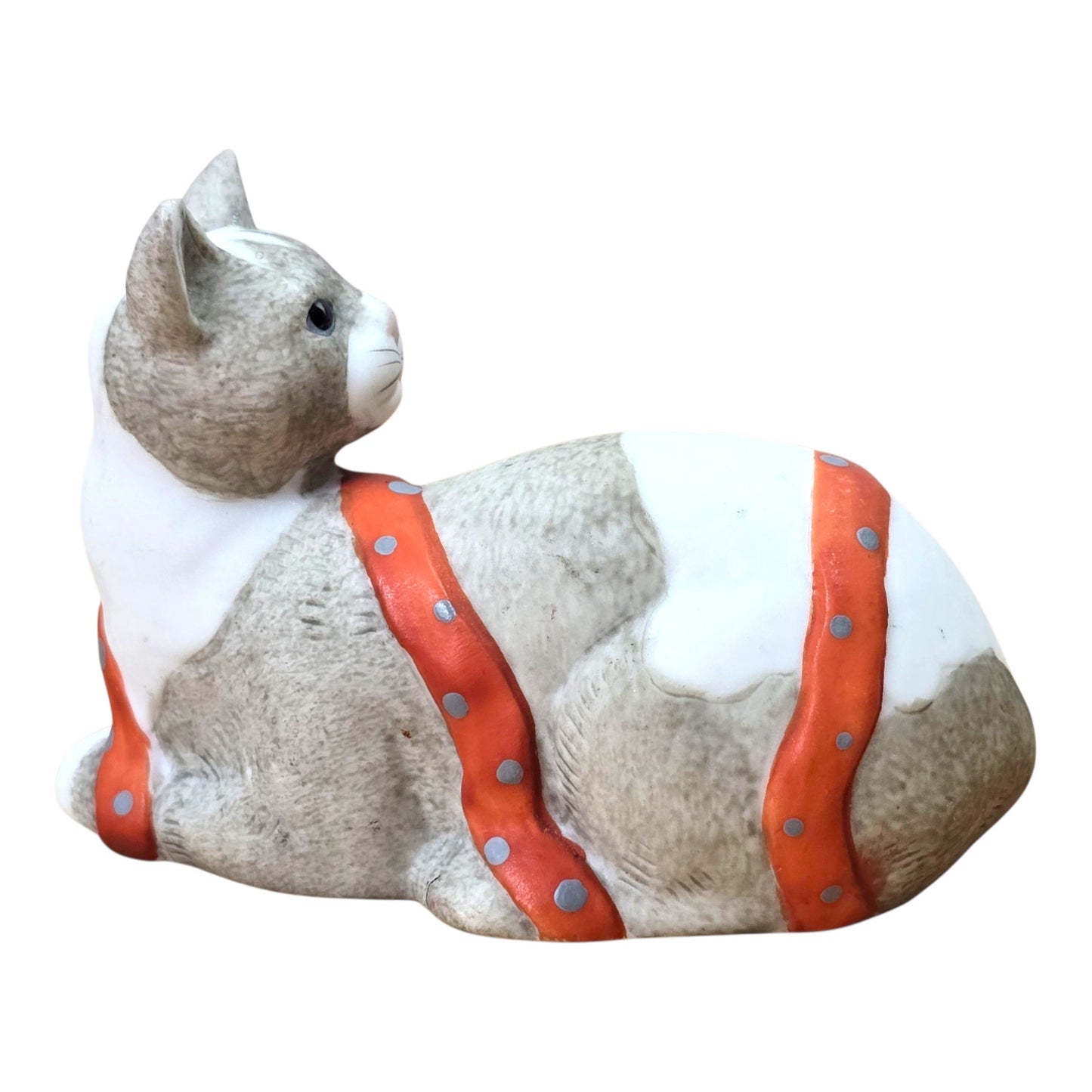Vtg Silvestri Cat Figurine Handcrafted Taiwan Ceramic Gray White Orange Ribbon
