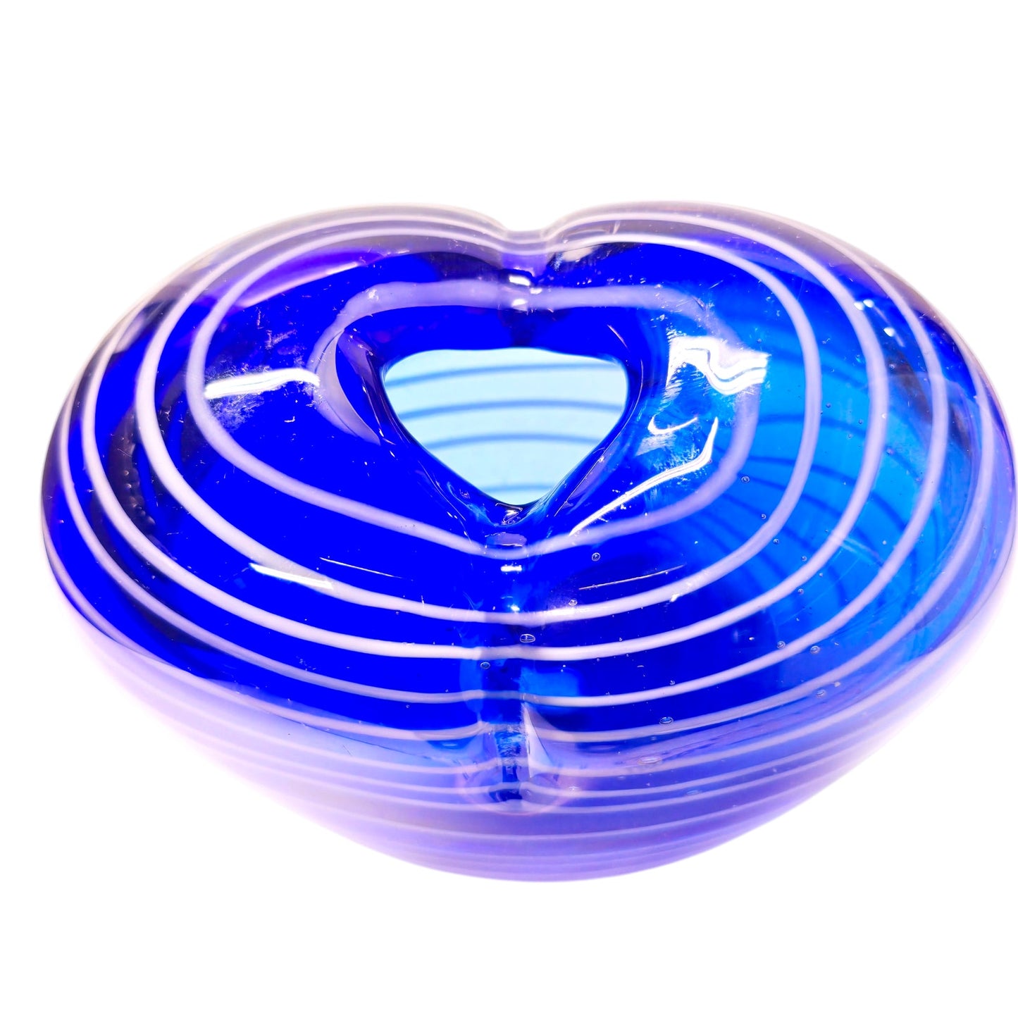 Hand Blown Art Glass Heart Shaped Vase with Blue White Stripes