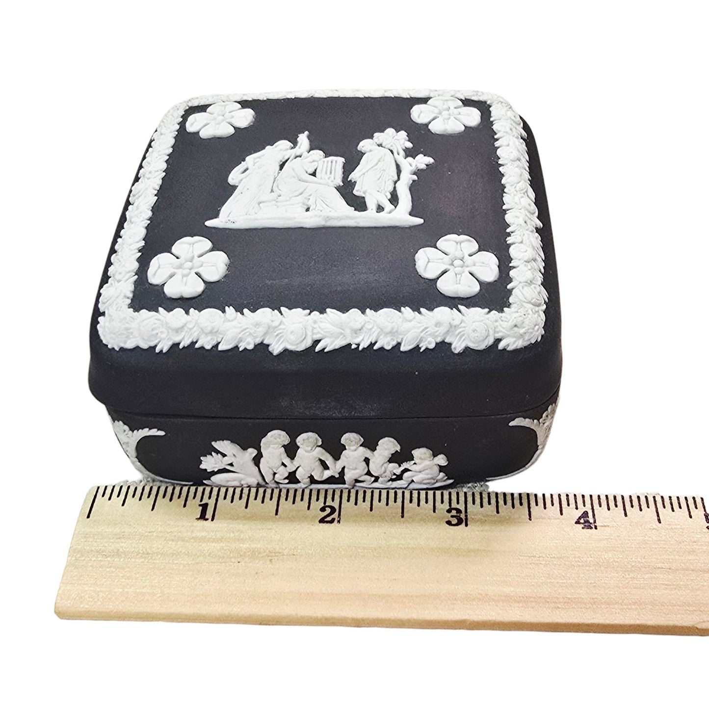 Wedgwood Black Basalt Jasperware trinket box Square Cherubs Courting Couples Made in England