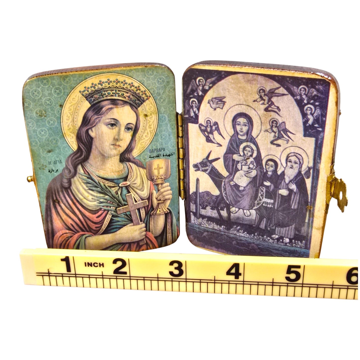 Vtg Wooden Folding Diptych Icons Lot of 2 Religious Pocket Keepsakes Saints Mary