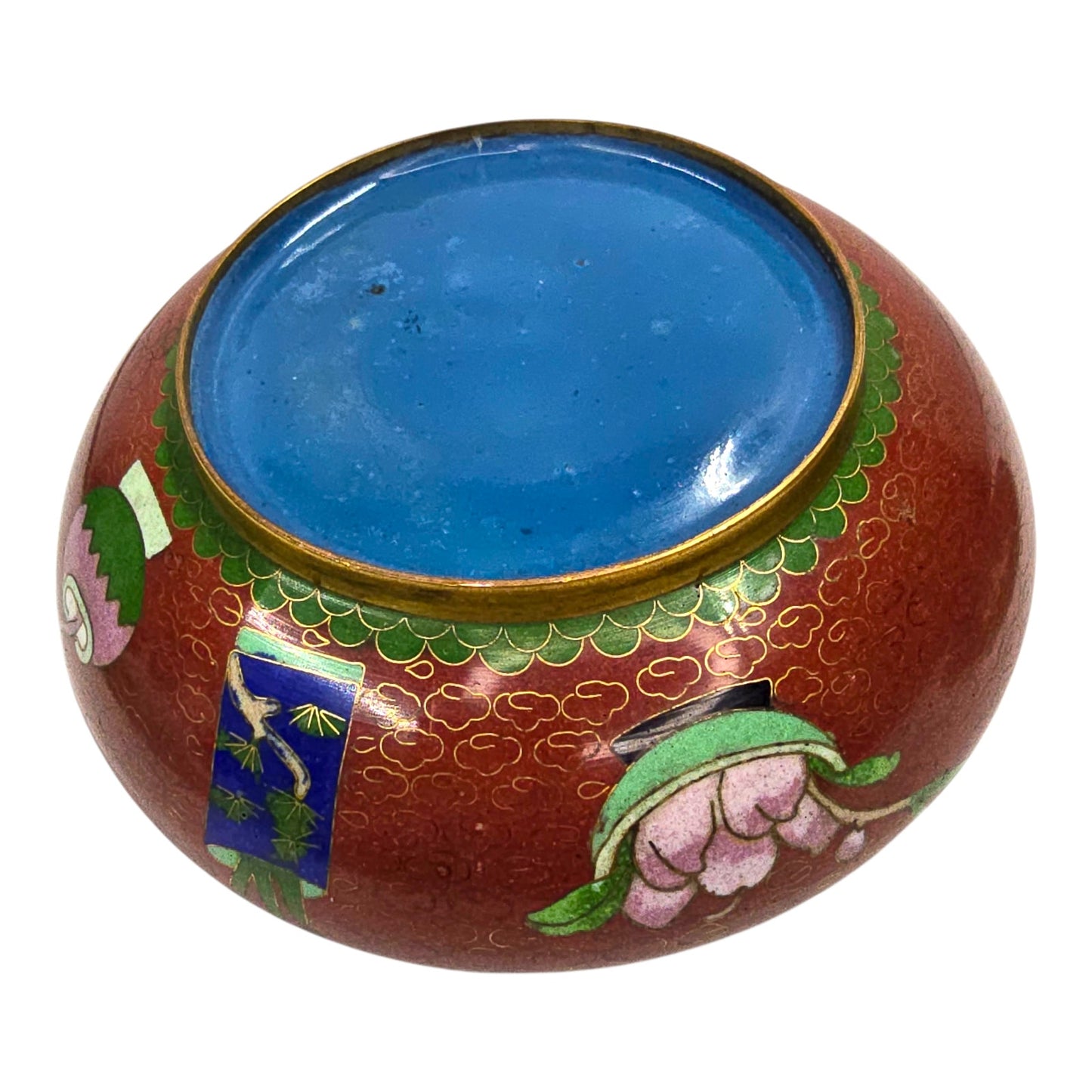 Vtg Chinese Cloisonne Lidded Bowl Red Enamel Lotus Floral Brass Vanity Dish