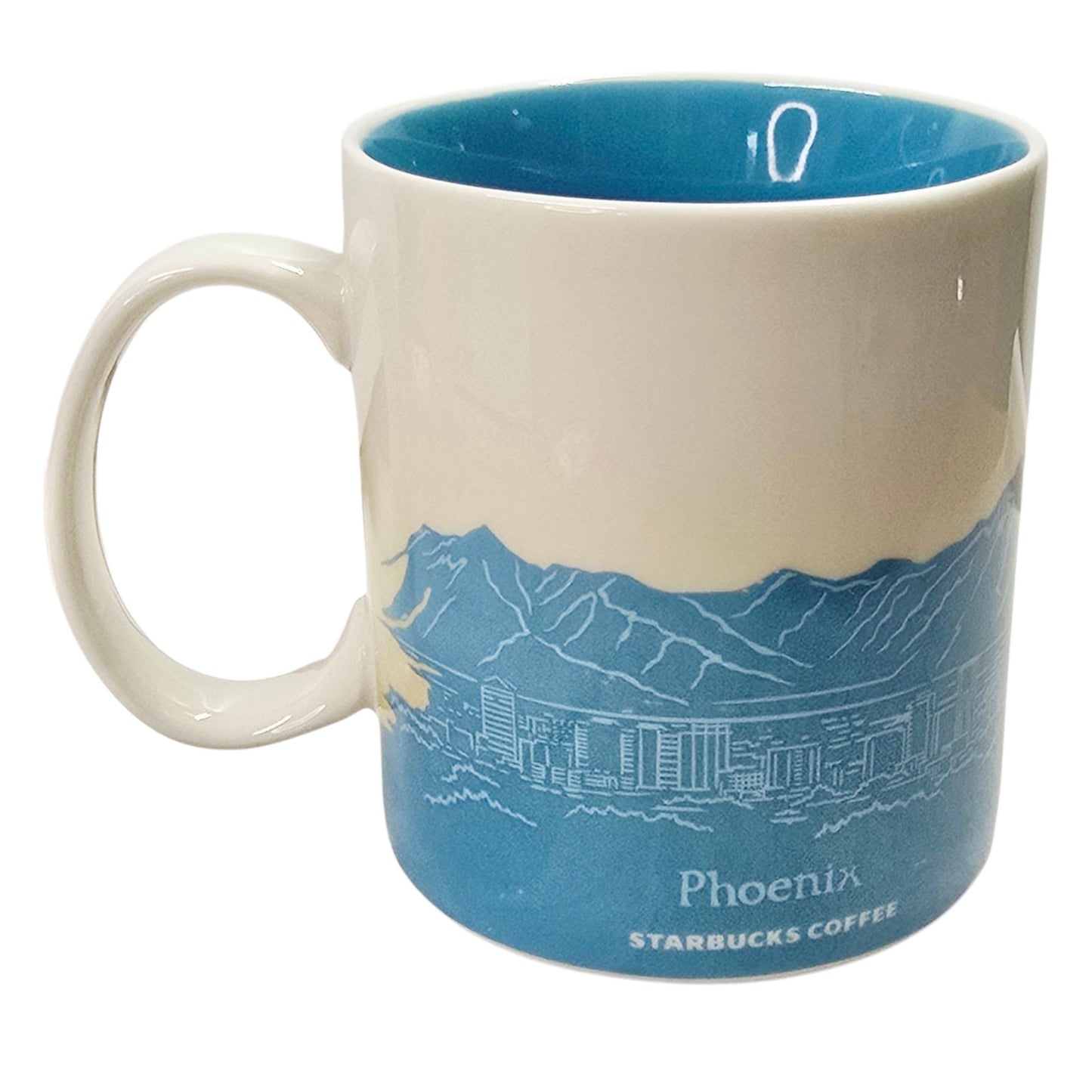 Starbucks Coffee Mug Phoenix City Scene Desert Cactus 16 oz Blue Interior 2012