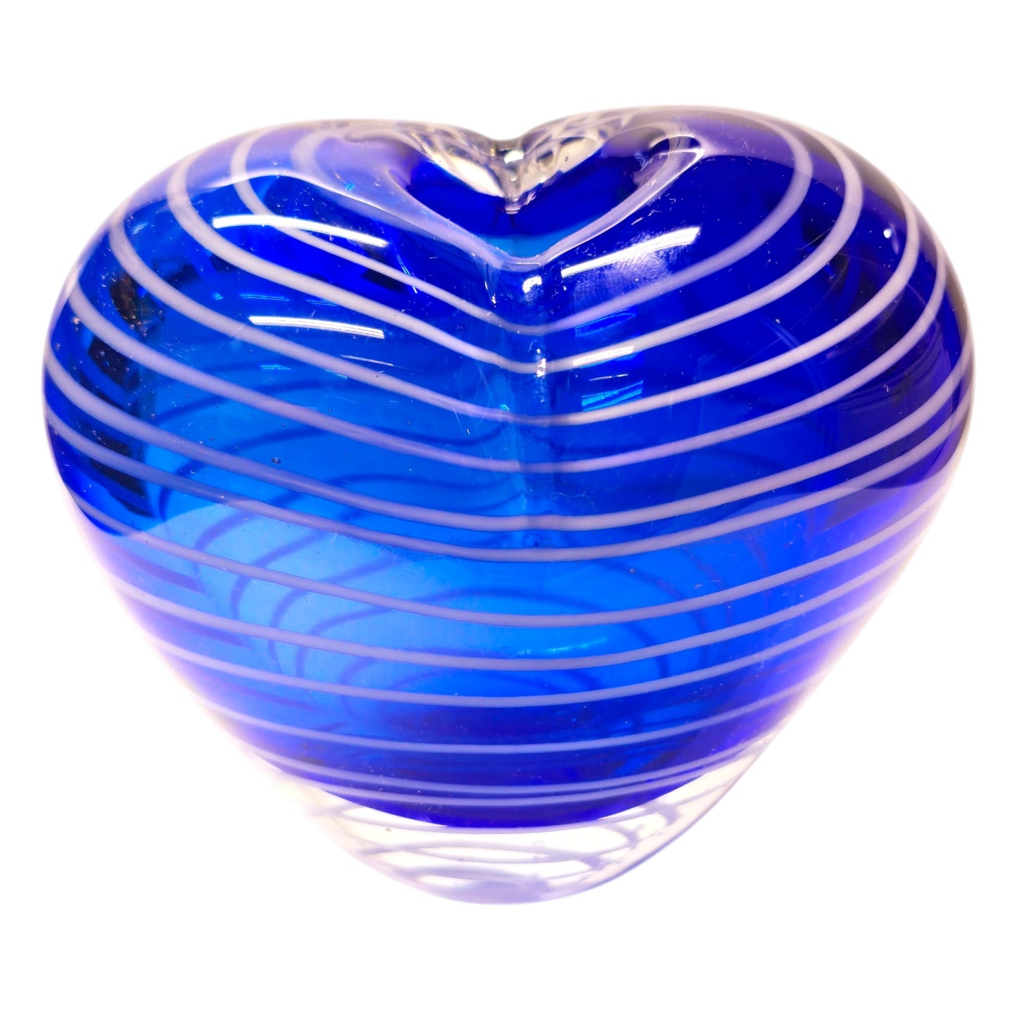 Hand Blown Art Glass Heart Shaped Vase with Blue White Stripes