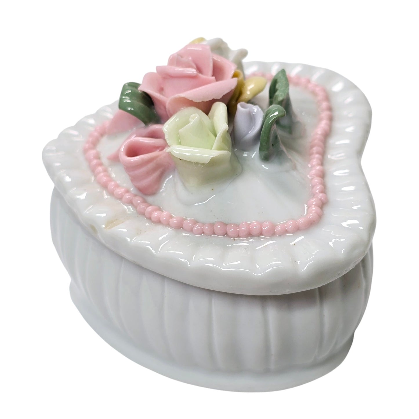 AS IS Vintage Heart Shaped Porcelain Trinket Box Ring Holder with Roses Accents