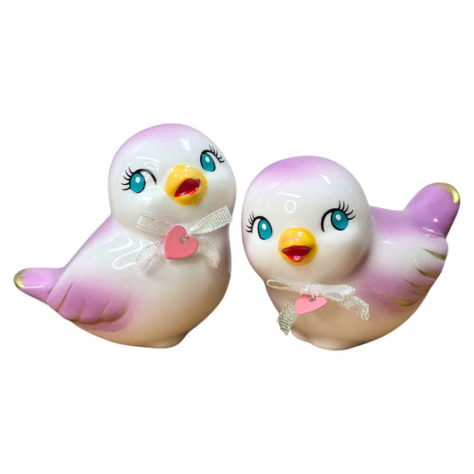 Vtg Inspired Ceramic Bird Figurines Pair Bow Heart Cute Kitsch Cottagecore Decor