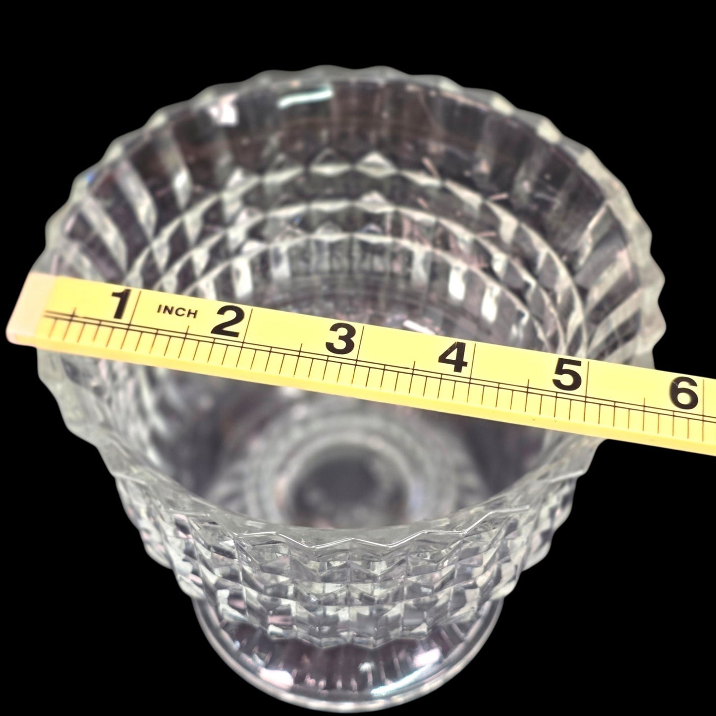 Vintage 1986 Pressed Glass Pedestal Bowl FTDA Diamond Cut & Ribbed Candy Dish
