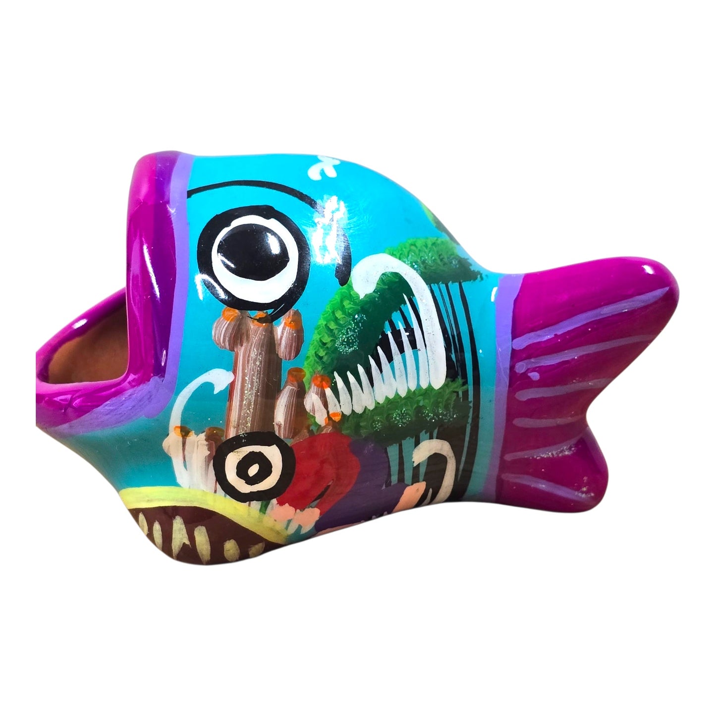 Vtg Mexican Folk Art Fish Vase Hand Painted Pottery Colorful Decor
