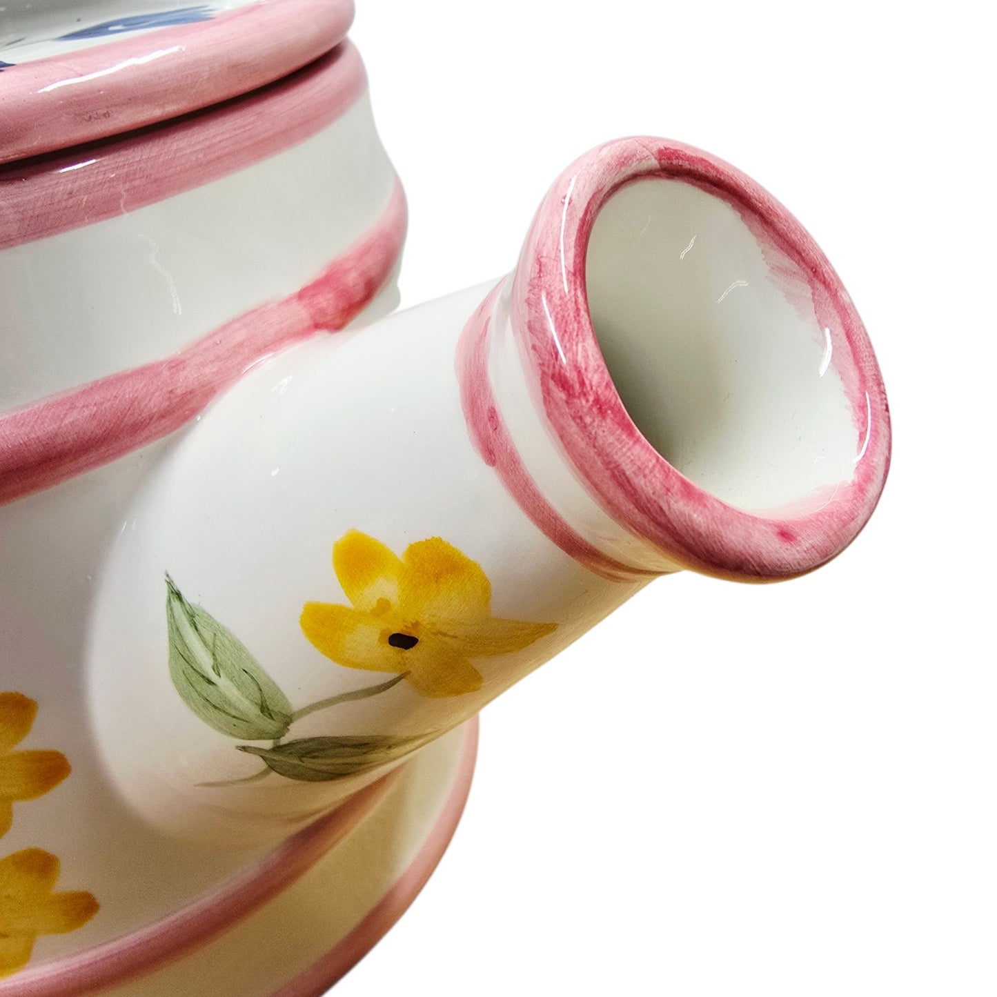 Vtg Lillian Vernon Floral Watering Can Teapot Pink Trim Ceramic Hand Painted Lid
