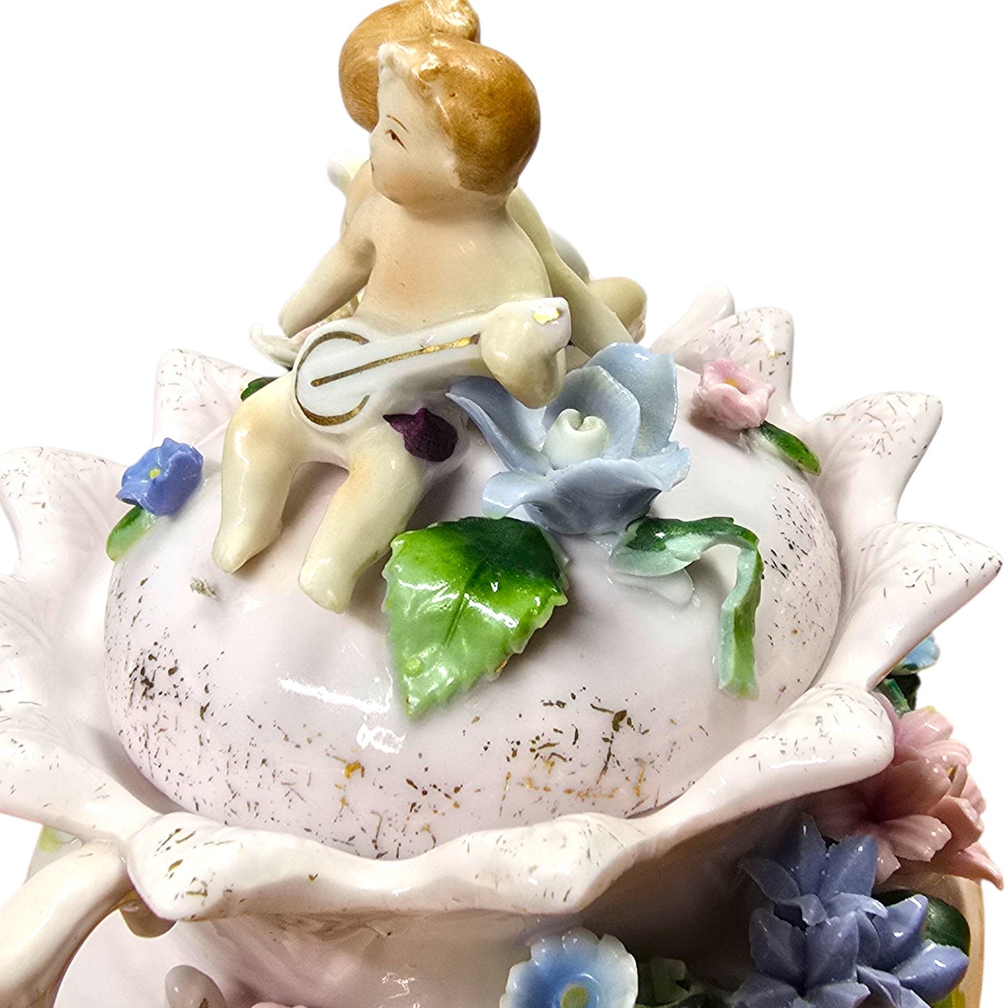 Vintage Capodimonte Style Porcelain Jar Cherub Lid Floral Applied Flowers Pink