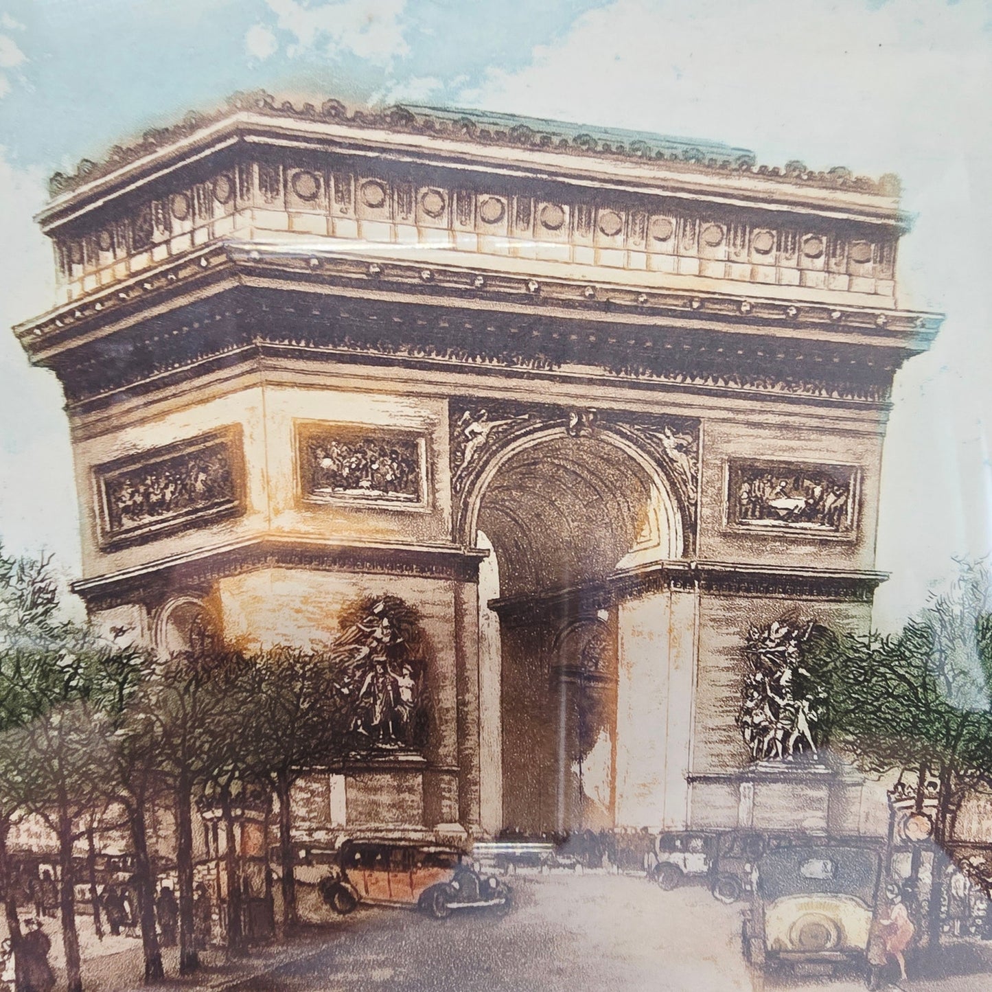 Signed Huberly Paris Scene HandColored Etching Arc de Triomphe Paris, France