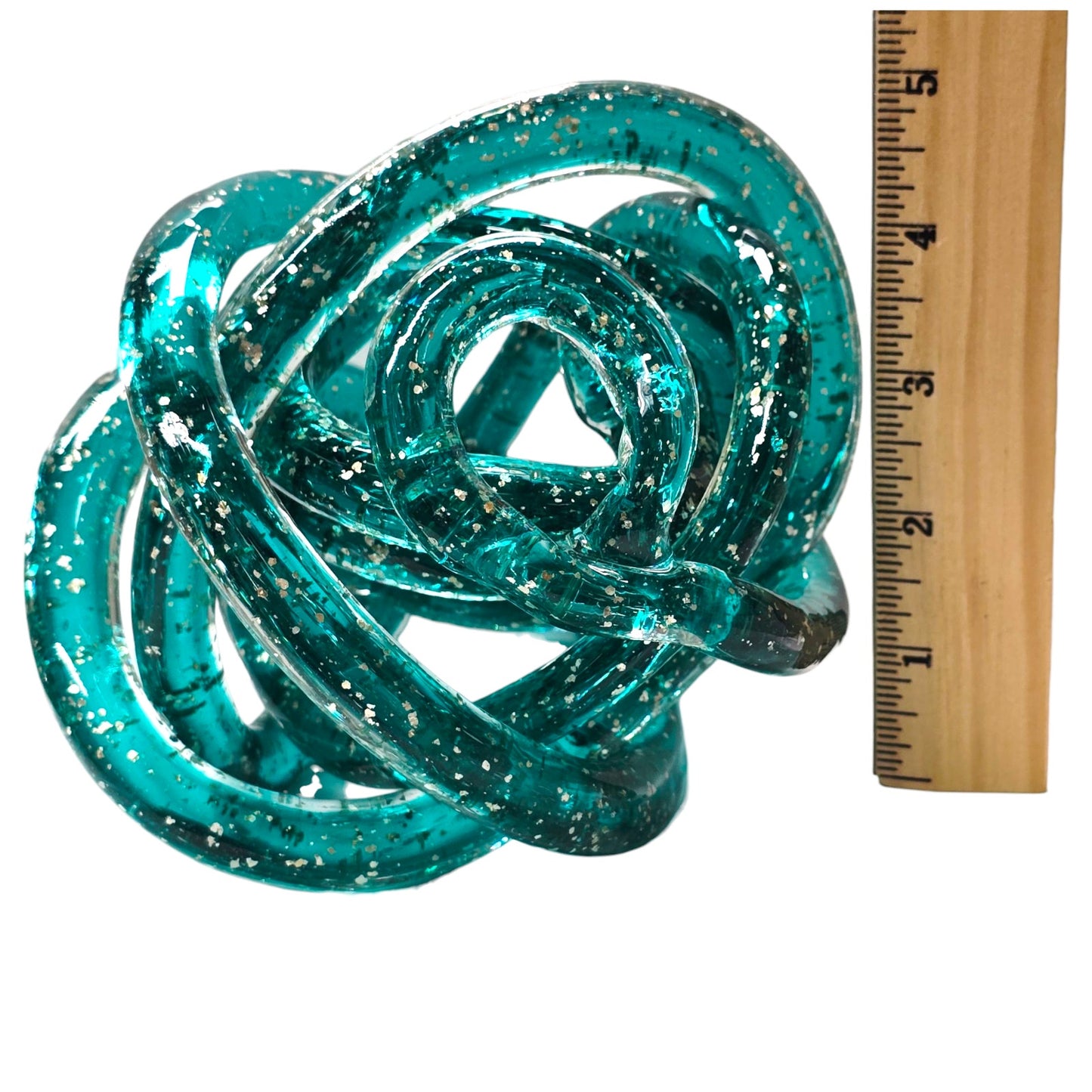 Handblown Art Glass Infinity Knot, Teal with Silver Flecks
