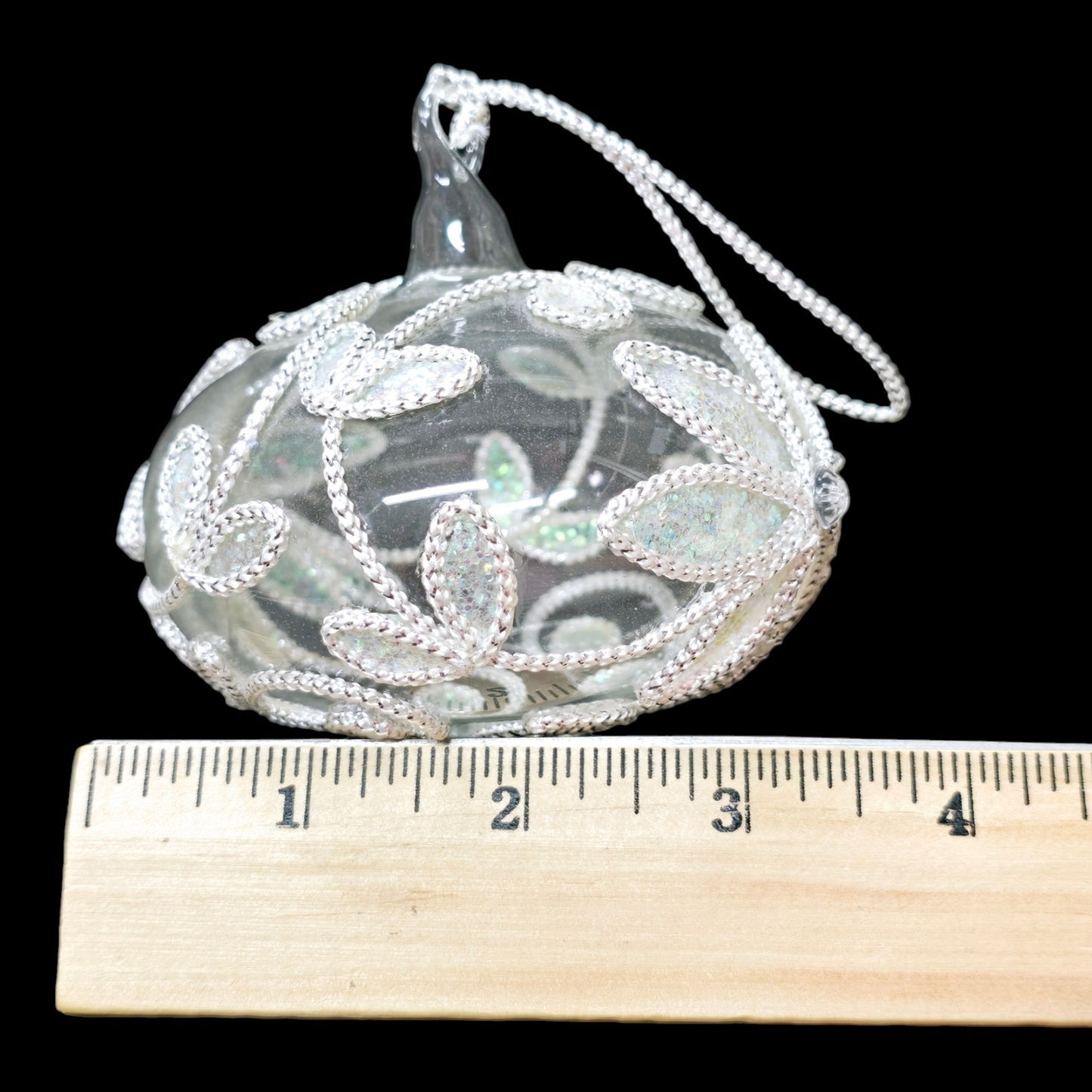 Glass Embellished Ornament, White Iridescent Floral Trim