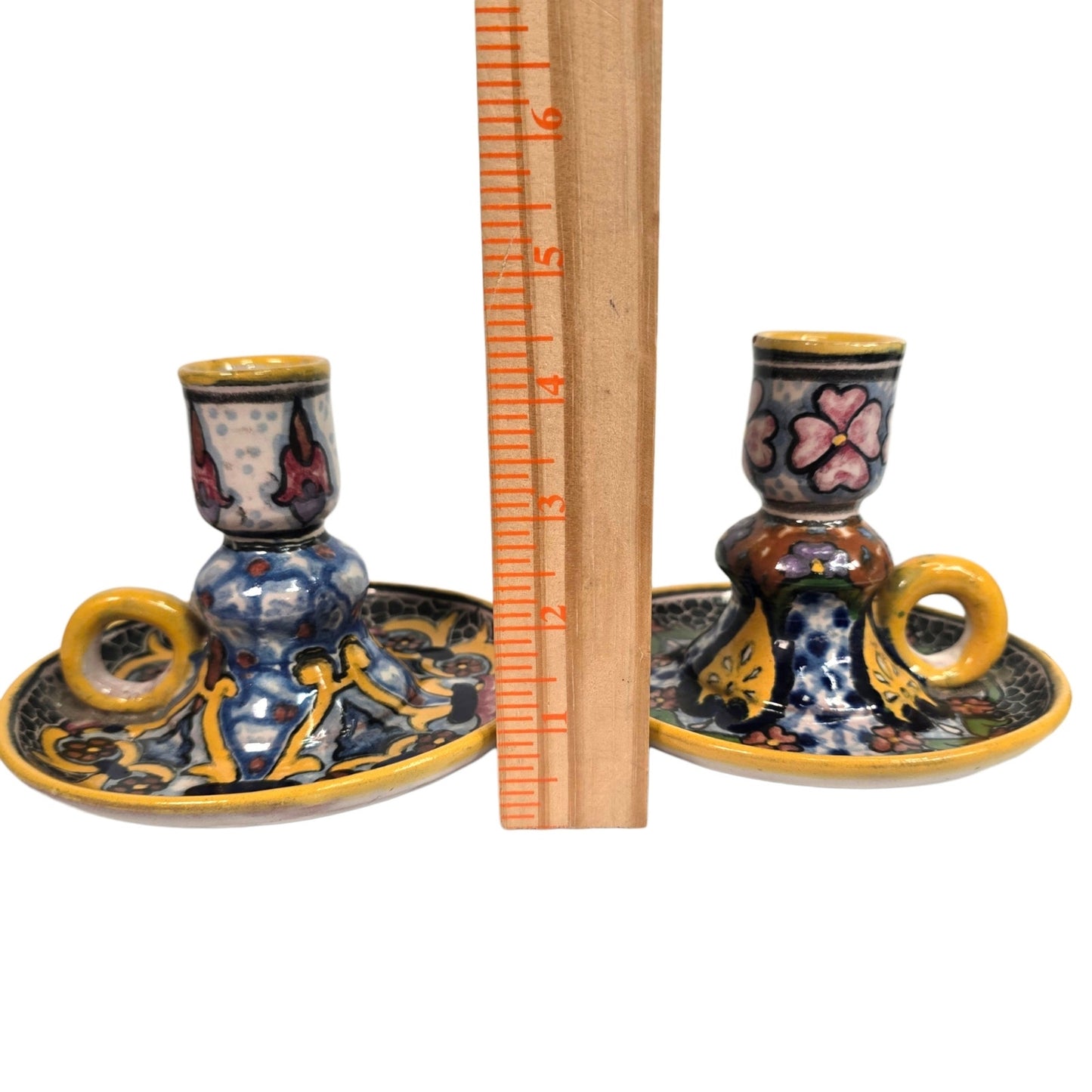 Vtg Casa Rugerio Puebla Mexico Talavera Candlesticks Pair Hand Painted Pottery