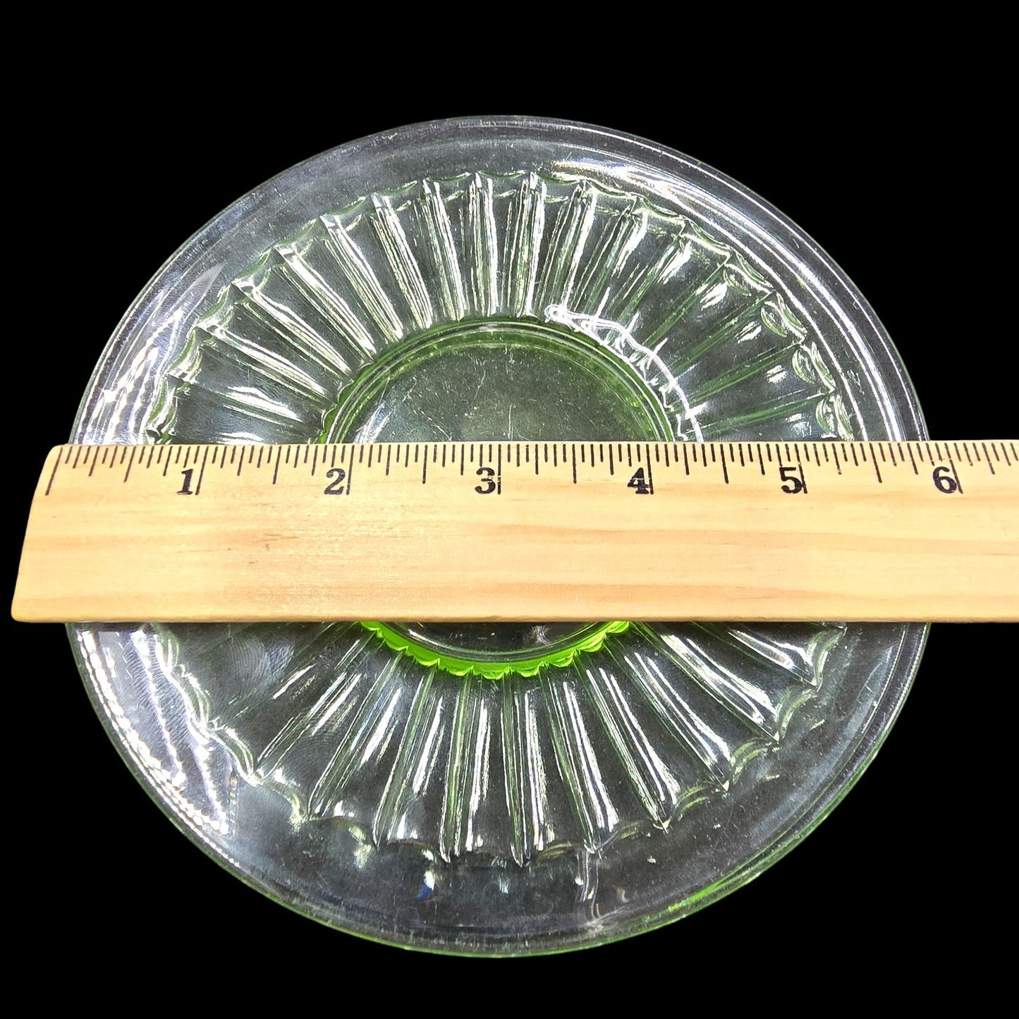 Set of 2 Vintage Uranium Glass Dessert Plates Optic Green 6"