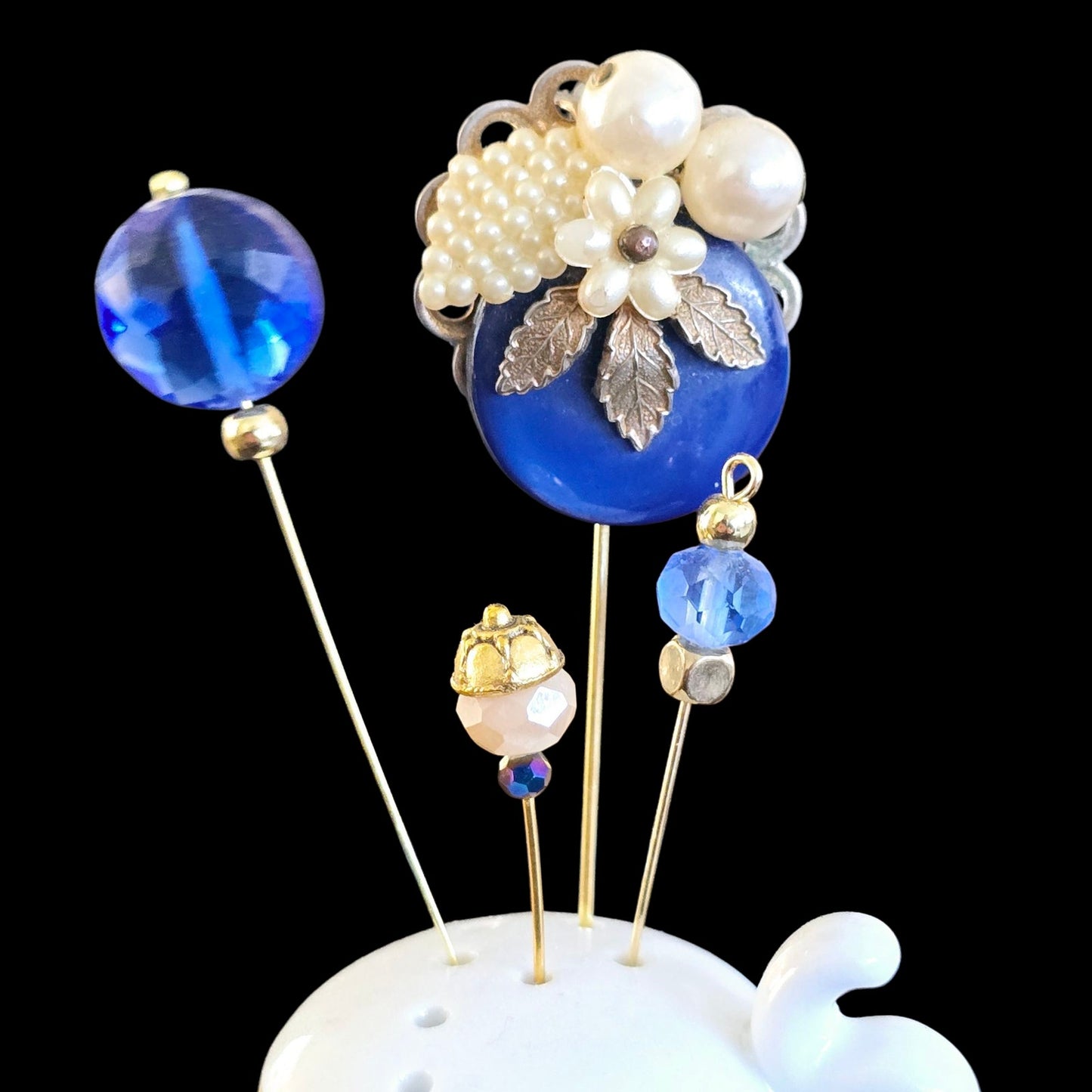 Vintage "Grandma's Earring" Cobalt Petite Beauty Salt Shaker Hat Pin Display