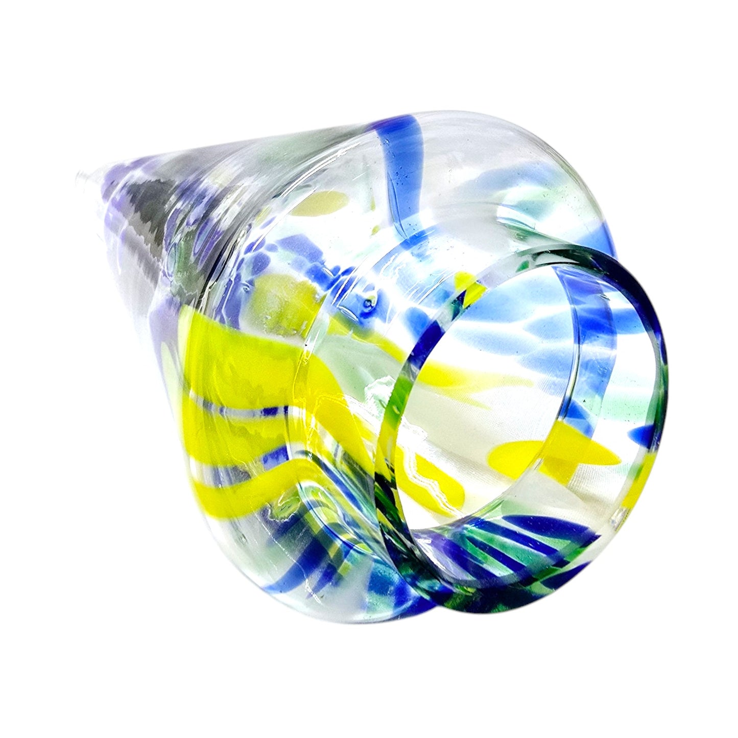 Handblown Art Glass Christmas Tree, Hollow, 8.25", Blue, Yellow, Green Glass