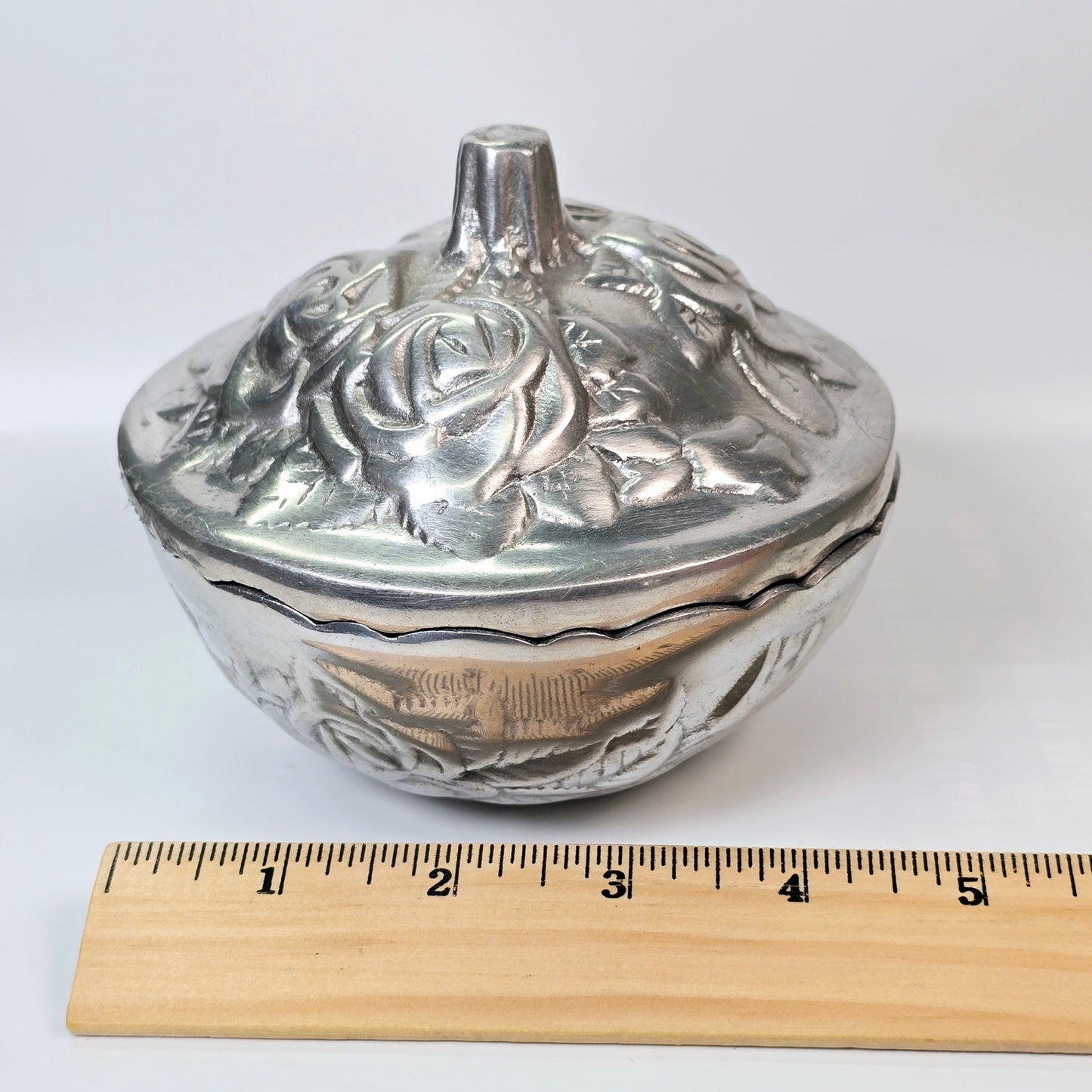 Vintage Cast Metal Embossed Rose Lidded Bowl