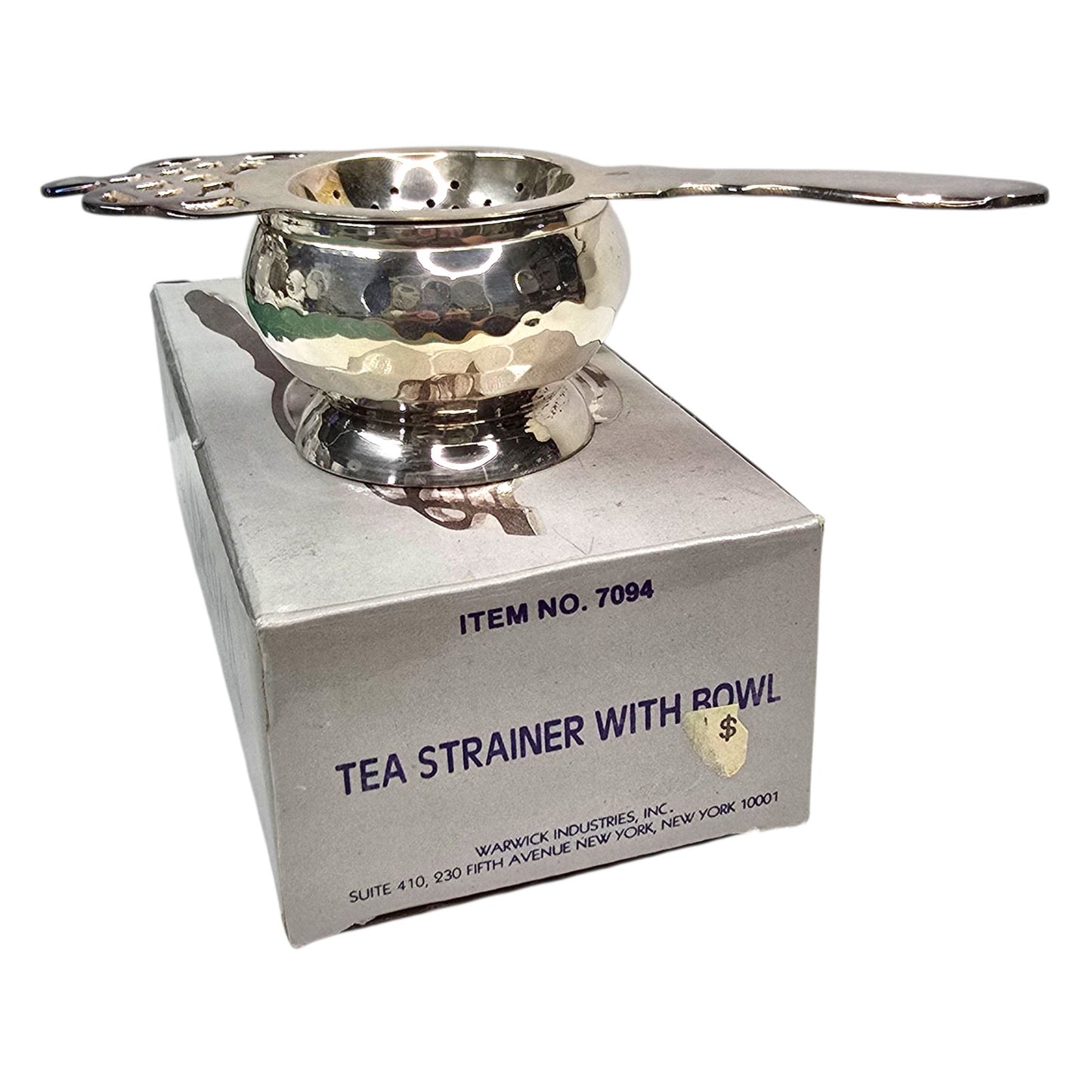 Vtg Warwick Tea Strainer with Bowl Hammered Silver Plated Item No 7094