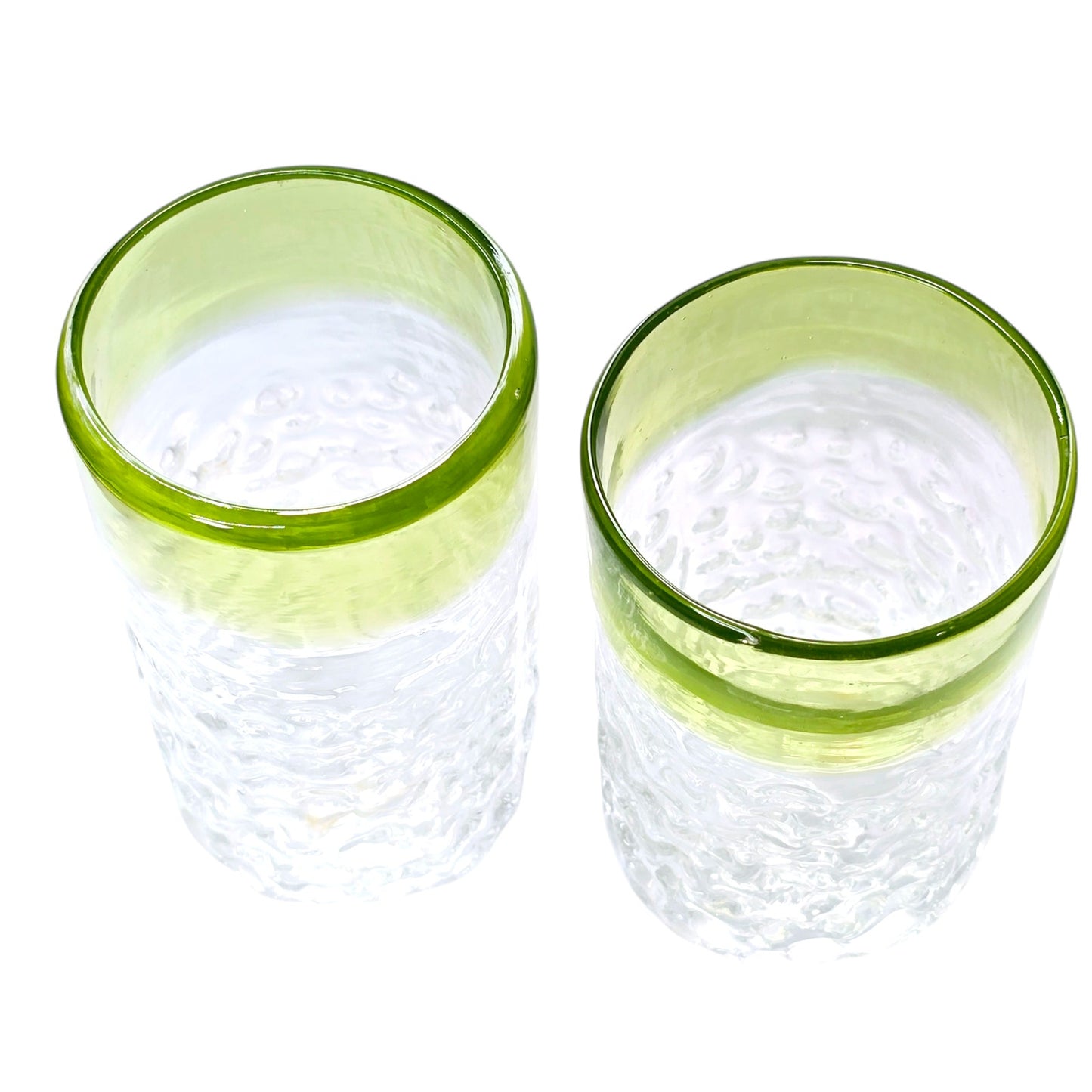 Set of 2 Hand Blown Textured Glassed Tumblers with Green Trim