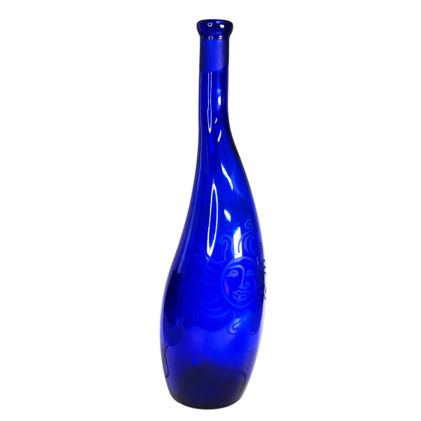 Vtg Decorative Cobalt Blue Glass Bottle with Sun / Sunburst Etching Curved Neck