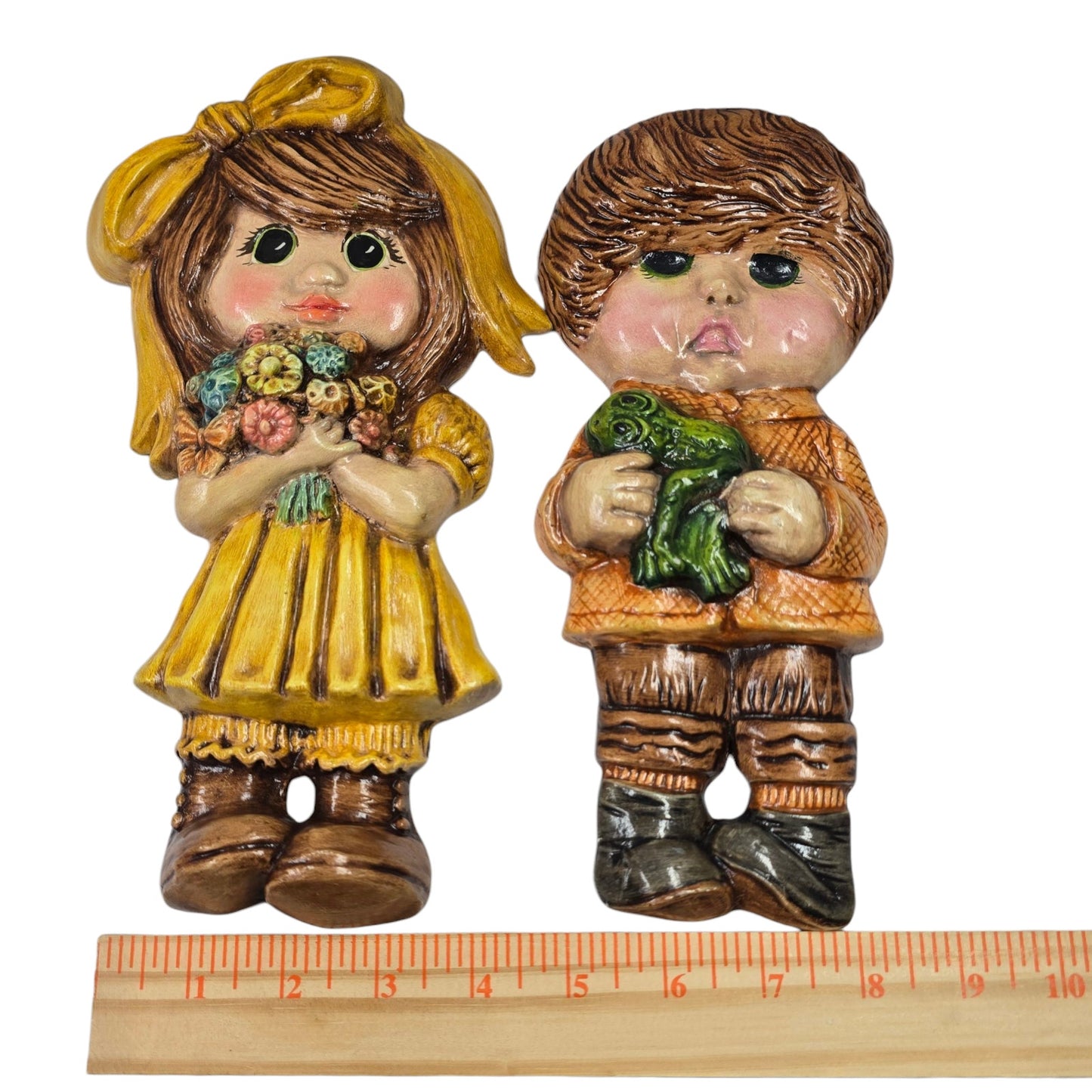1970s Retro Wall Plaques Sunset Ceramics Kids Vtg Big Eyes Boy Girl Kitschy Pair