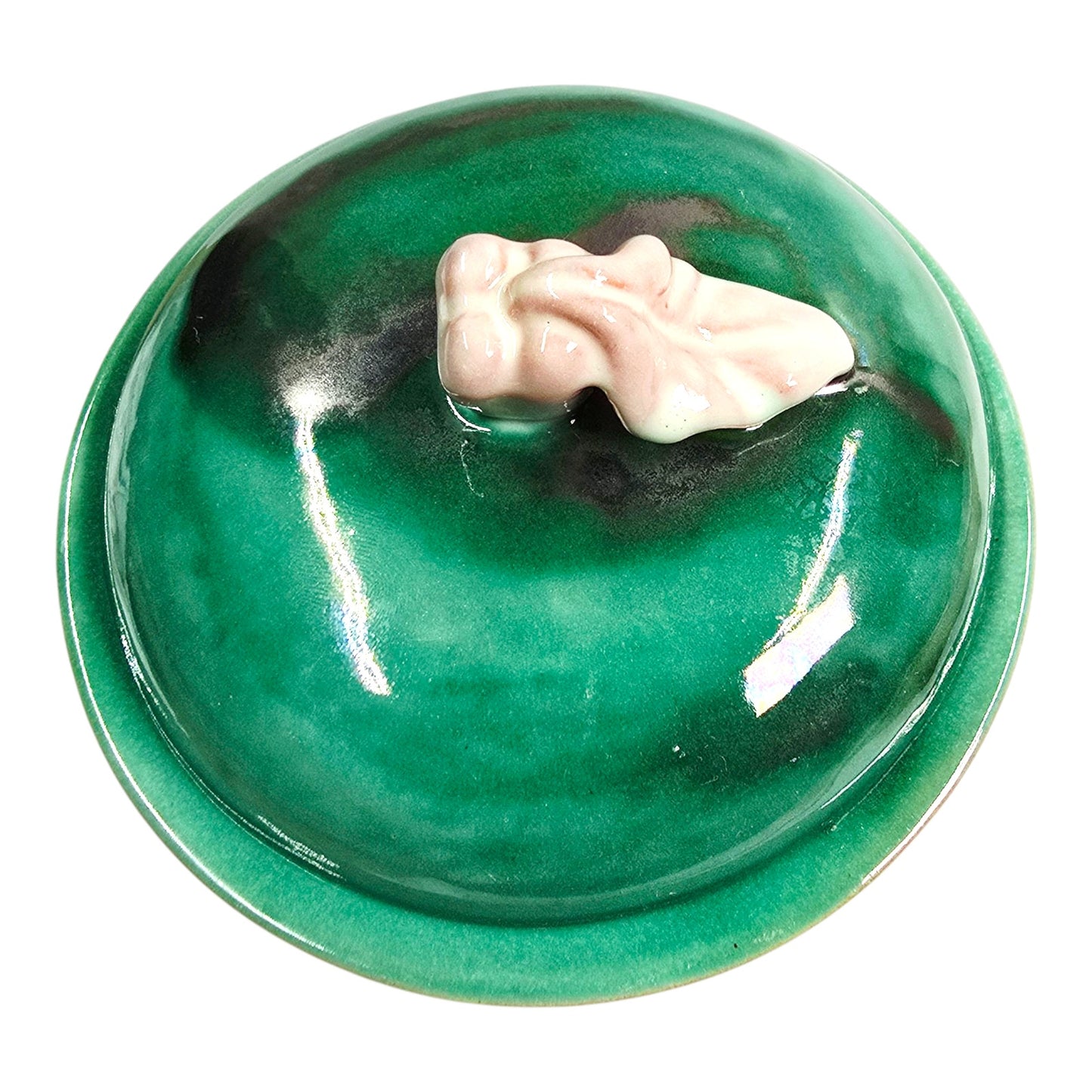 Vintage Stengl Pottery GreenTerra Rose Lidded Bowl Rose Finial Made in Trenton USA