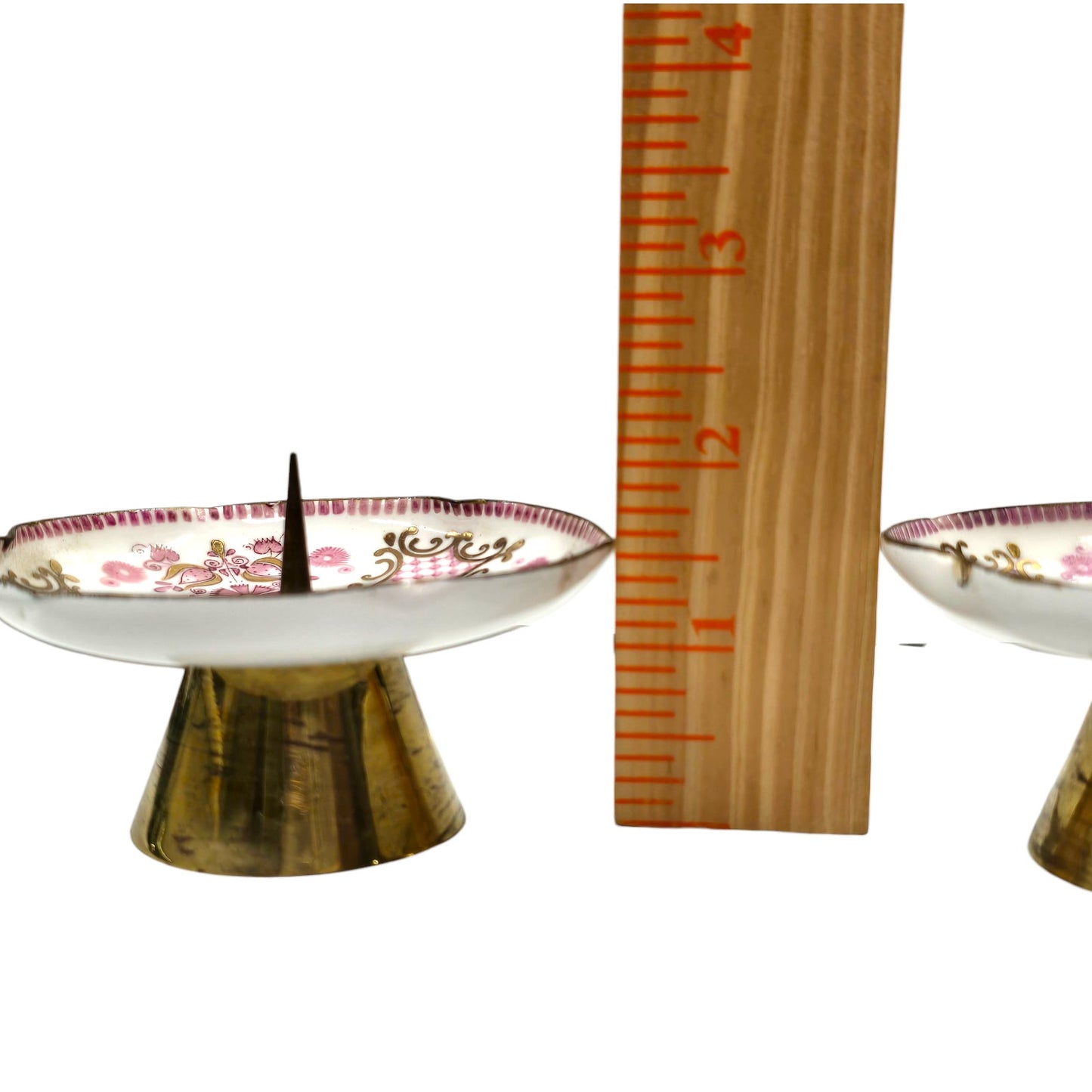Pair Vintage Austrian Footed Porcelain Spike Candle Dishes Pink & Gold Floral Austria