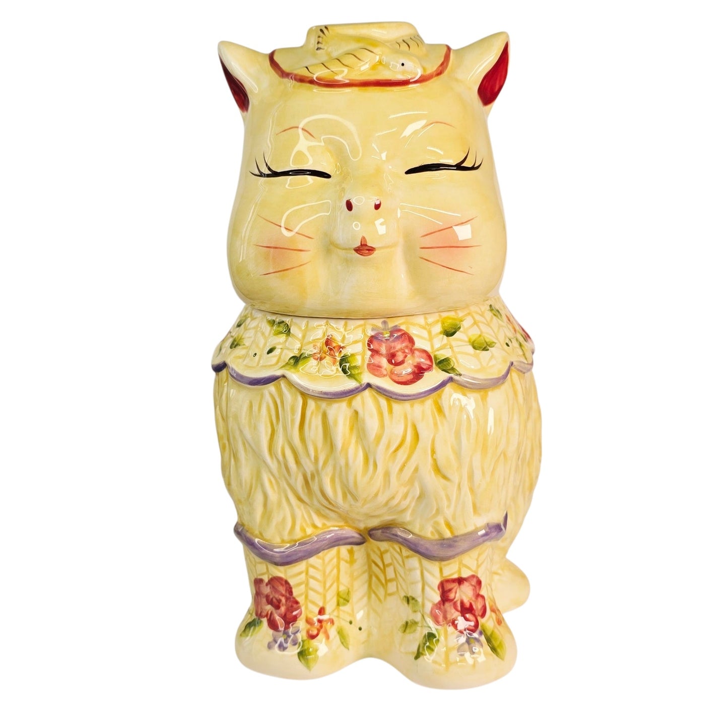 Block Puss 'n Boots Ceramic Cat Cookie Jar Floral Adorable Cat