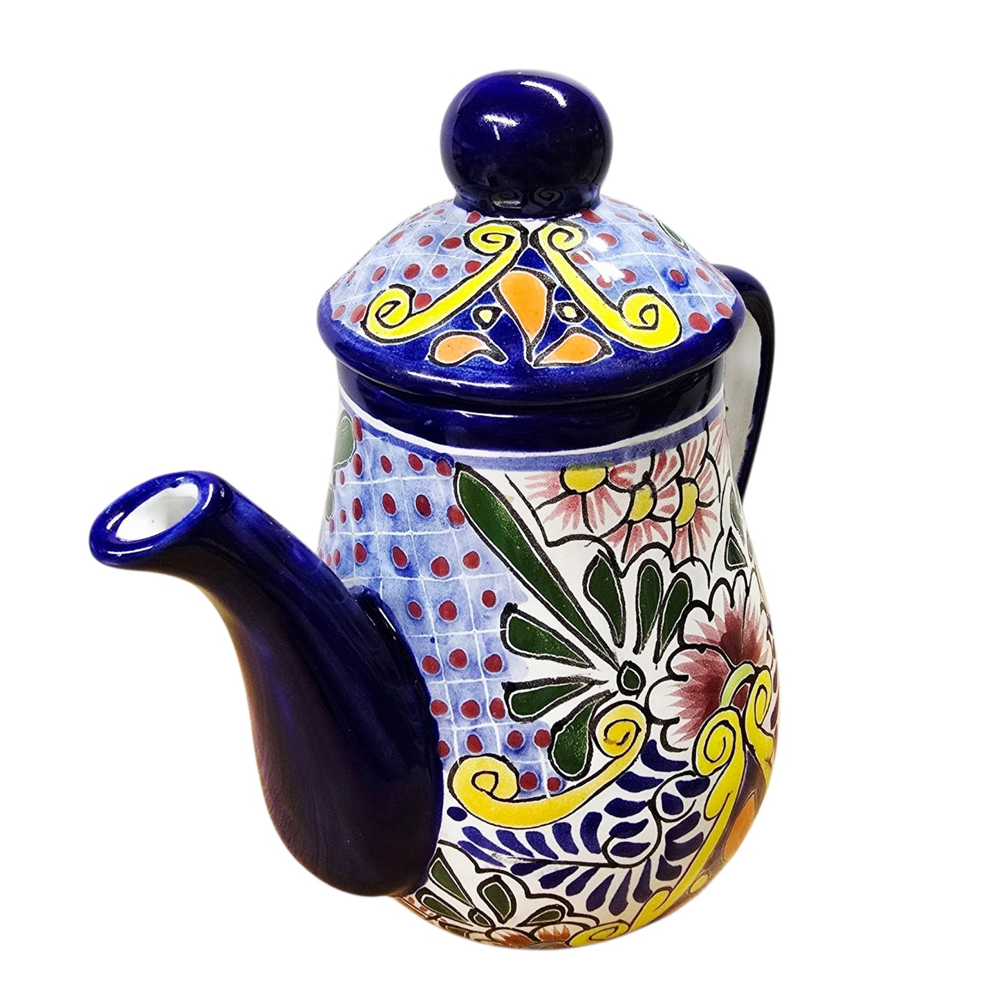 Talavera Teapot Coffee Pot Signed Liceagui Mexico Lead Free Hand-Painted Cobalt