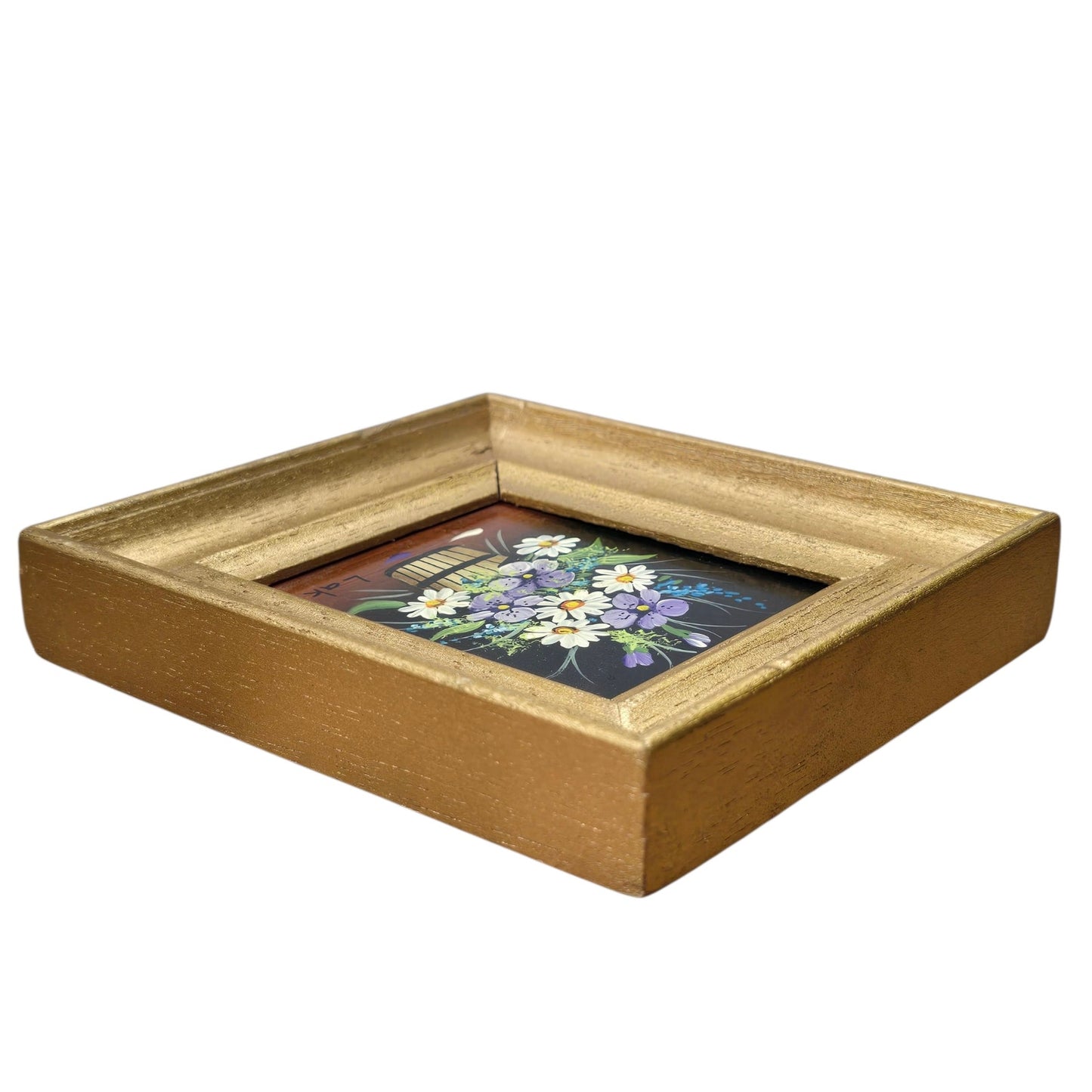 Vtg Miniature Floral Still Life Painting by Lak Gold Wood Frame Daisy & Violets