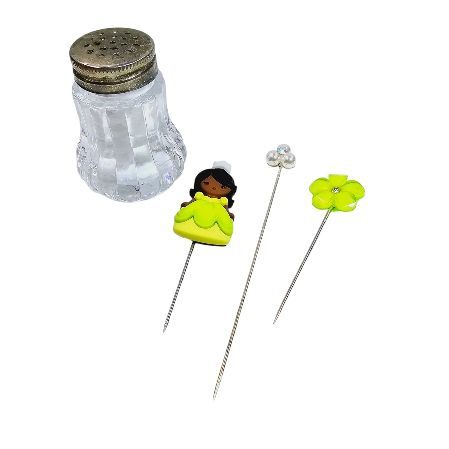 Vintage Green Whimsical Princess Salt Shaker Hat Pin Display