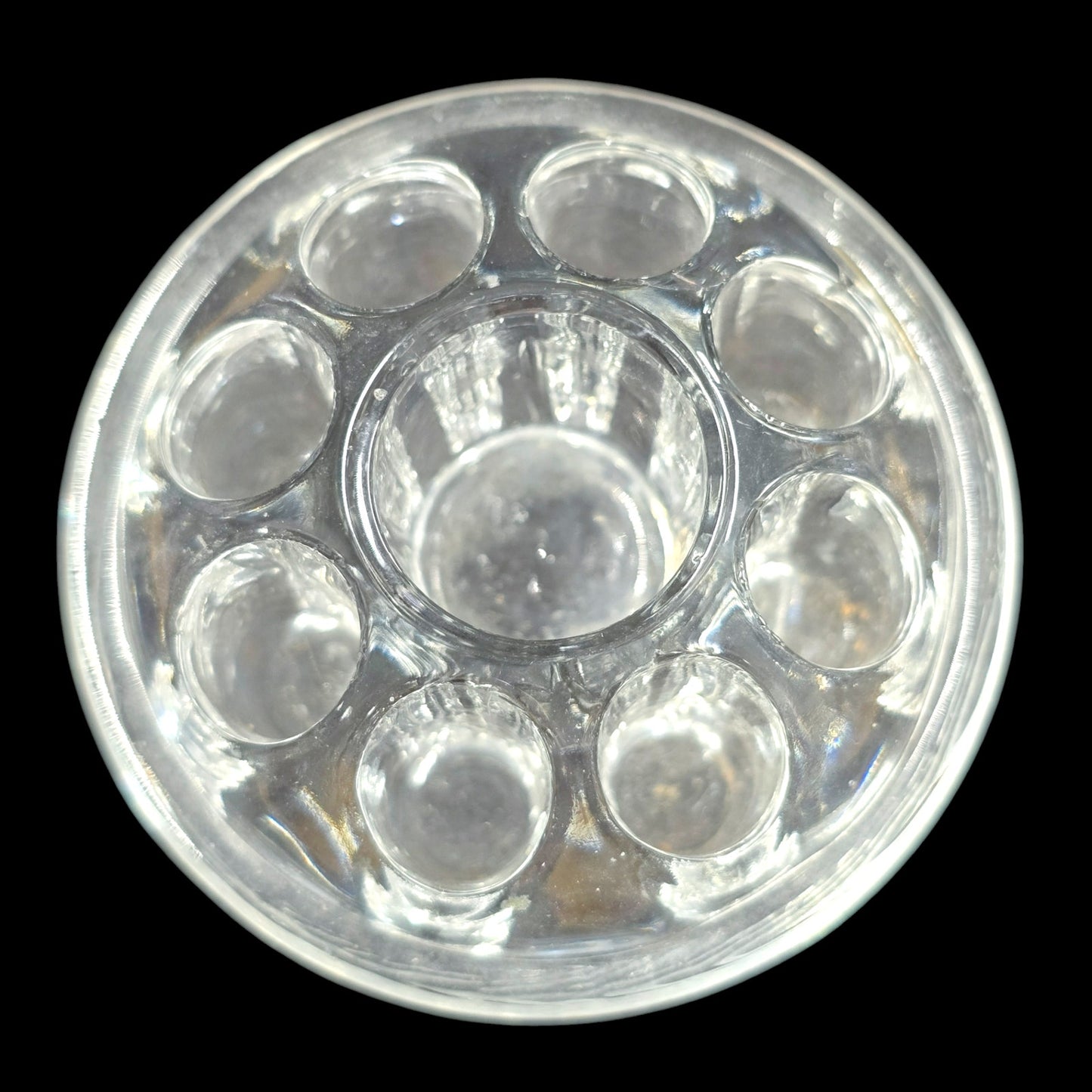 Vintage Domed Glass Flower Frog, 9 Holes, Lightly Glowy, 3" W