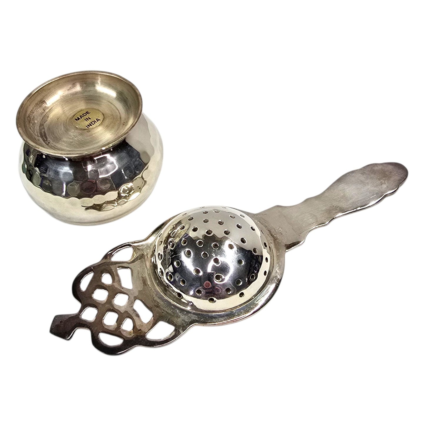 Vtg Warwick Tea Strainer with Bowl Hammered Silver Plated Item No 7094