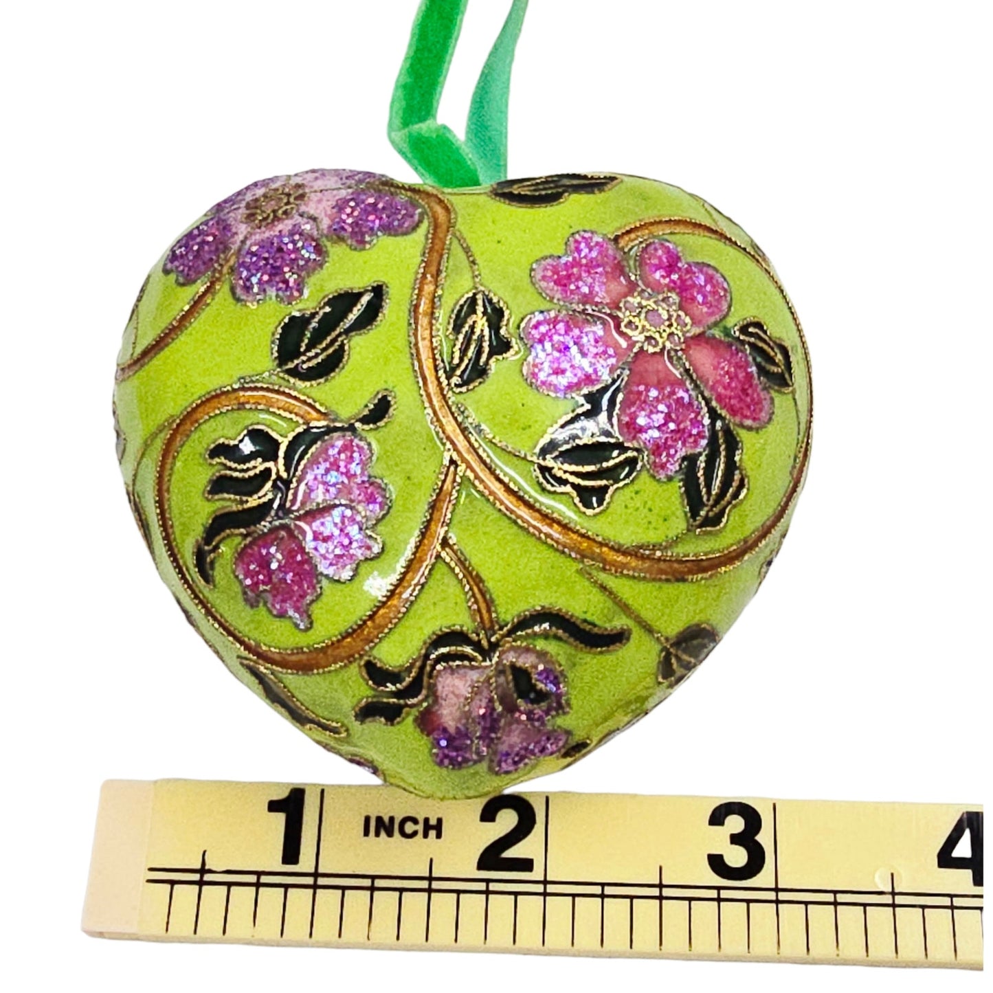 Cloisonne Puffy Heart Hanging Decor Ornament Green with Red Purple Flowers