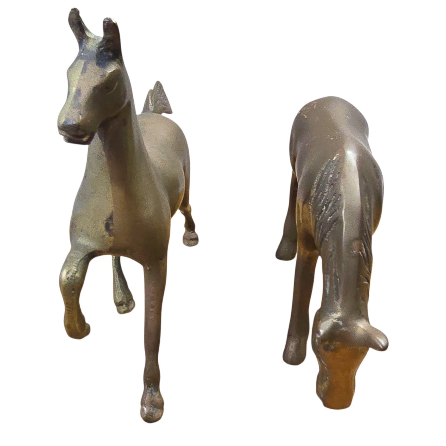 Vintage Brass Horses Prancing / Grazing Brass Horse Figurines, Patina Anatomical