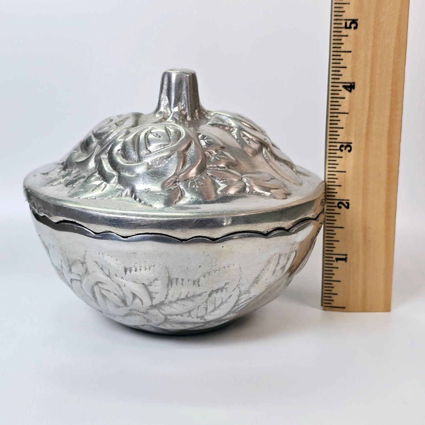 Vintage Cast Metal Embossed Rose Lidded Bowl