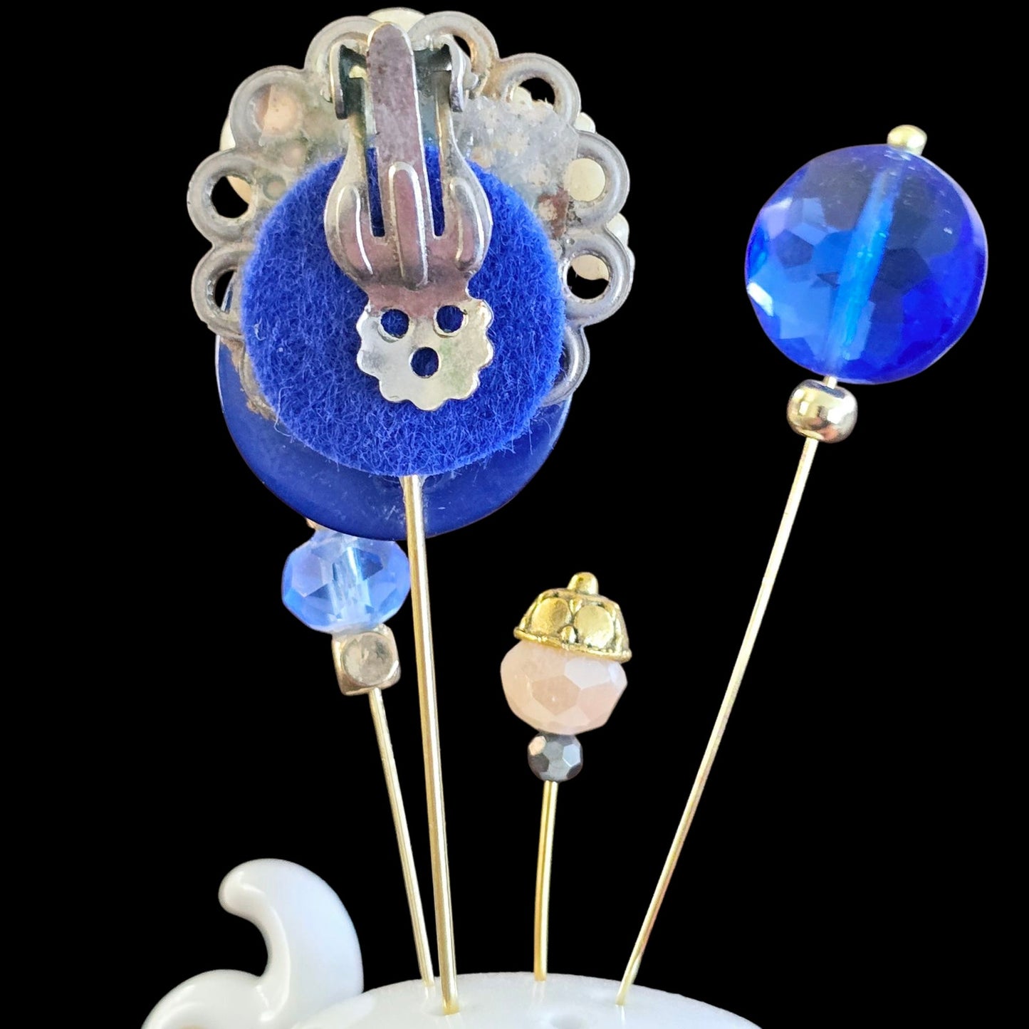 Vintage "Grandma's Earring" Cobalt Petite Beauty Salt Shaker Hat Pin Display