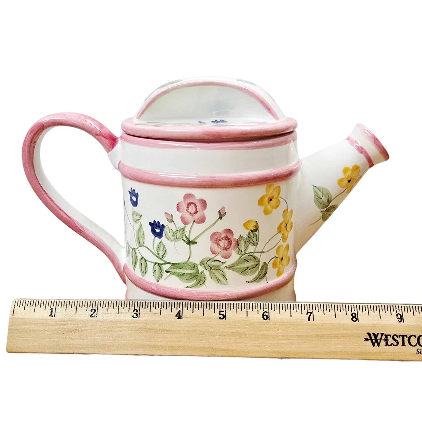 Vtg Lillian Vernon Floral Watering Can Teapot Pink Trim Ceramic Hand Painted Lid