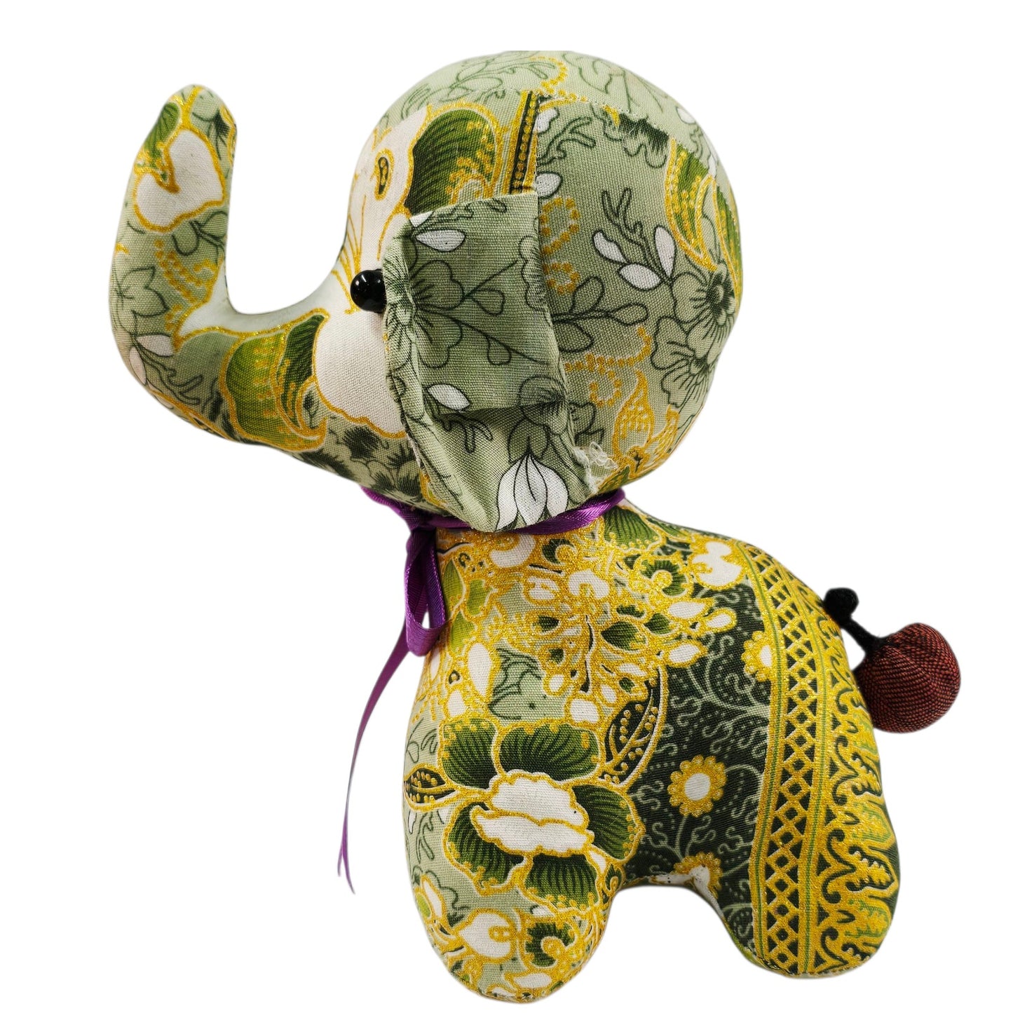 Thai Elephant Doll Handmade Stuffed Toy Green & Yellow Fabric Purple Ribbon