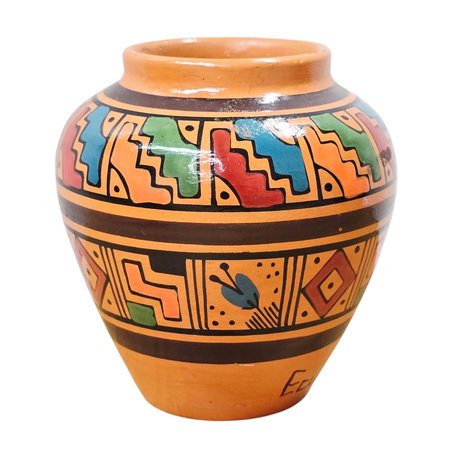 Miniature Ecuador Hand Painted Pottery Vase – Geometric Folk Art Pattern 3”H