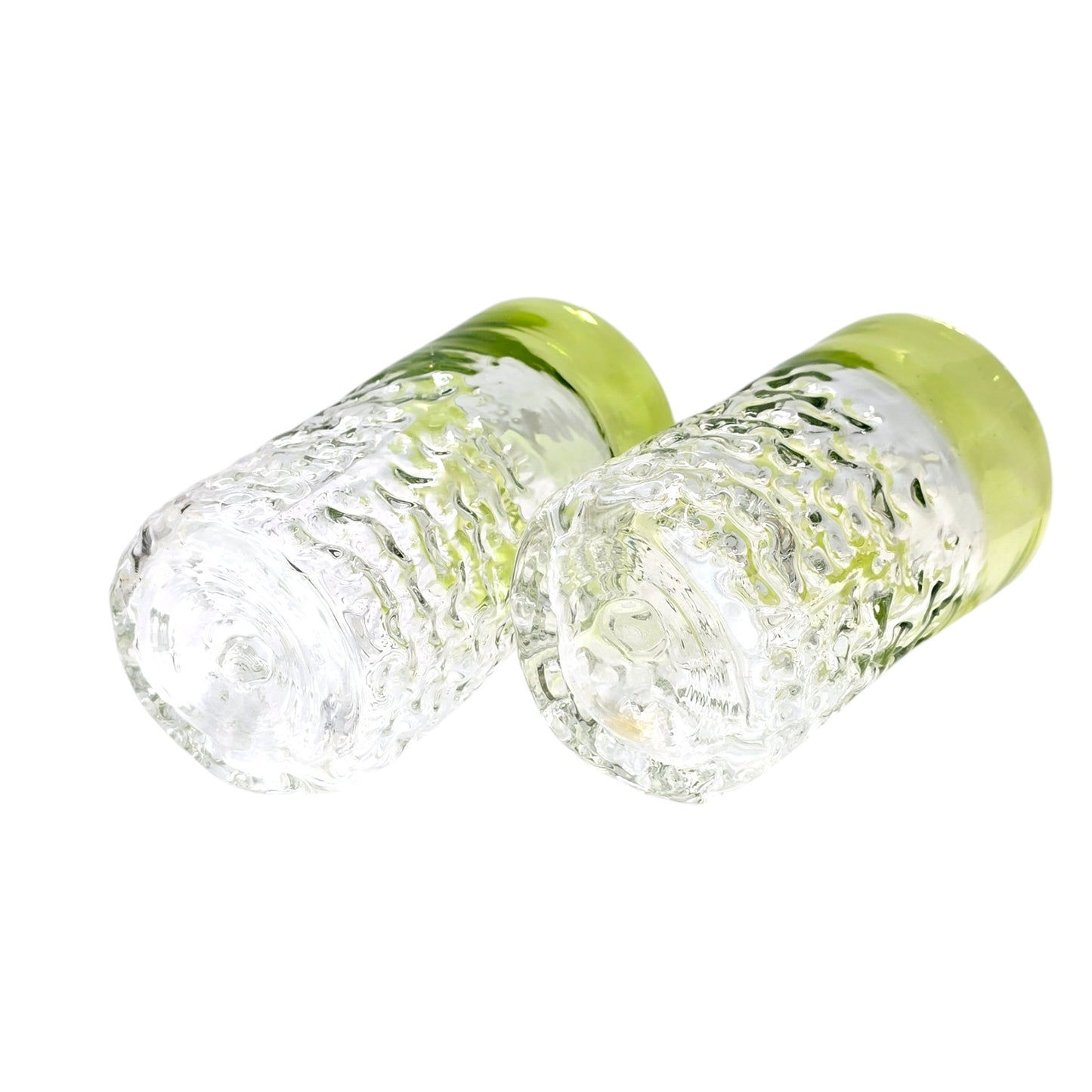 Set of 2 Hand Blown Textured Glassed Tumblers with Green Trim