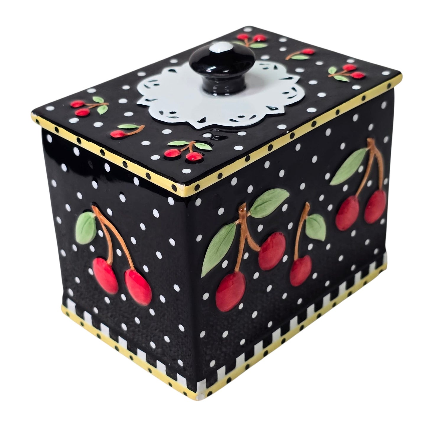 Vintage 2002 Rare Mary Engelbreit Small Cherries Ceramic Candy Box With Nob Top