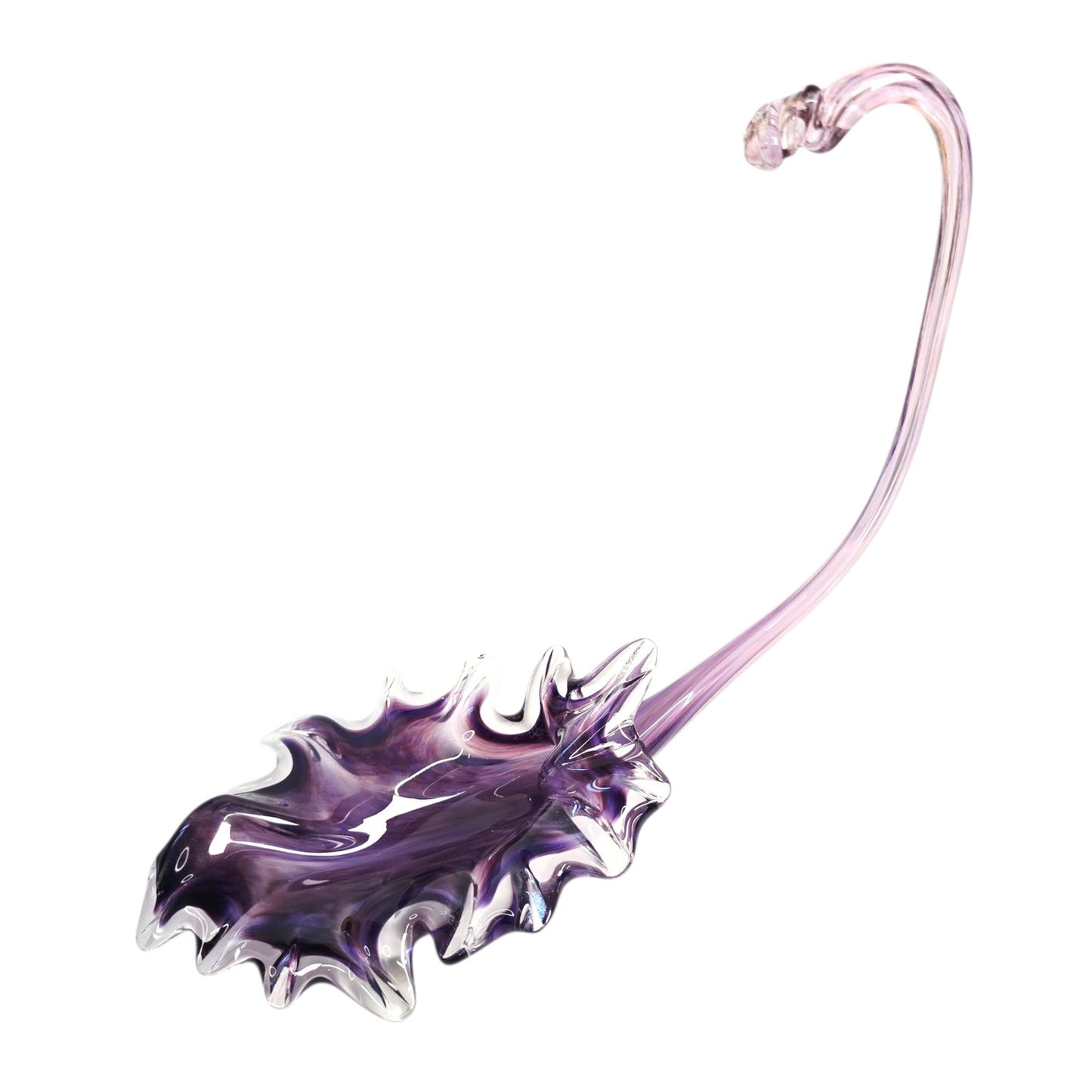 Hand-Blown Purple Trumpet Art Glass Flower Curved Up Stem, Blowing Leaf