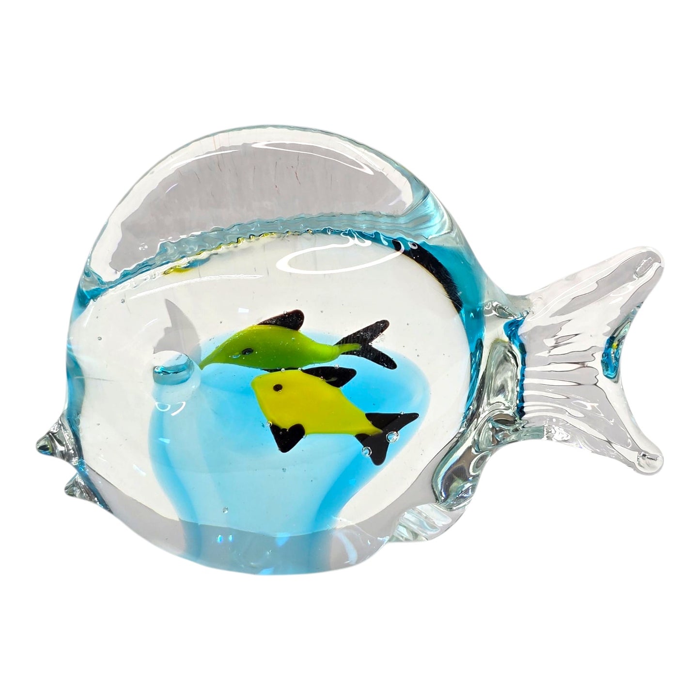 Vtg Art Glass Fish Paperweight Aqua Blue Interior Yellow Fish Aquarium Decor
