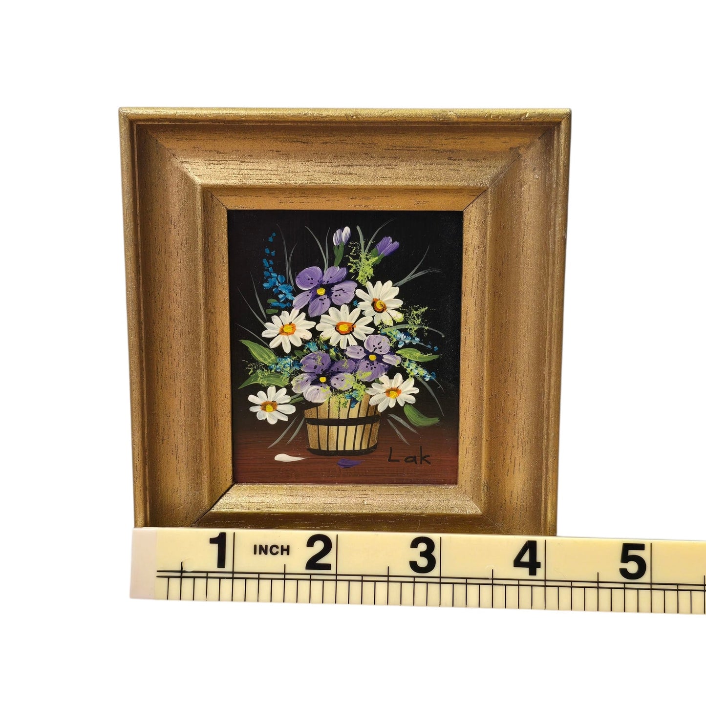 Vtg Miniature Floral Still Life Painting by Lak Gold Wood Frame Daisy & Violets