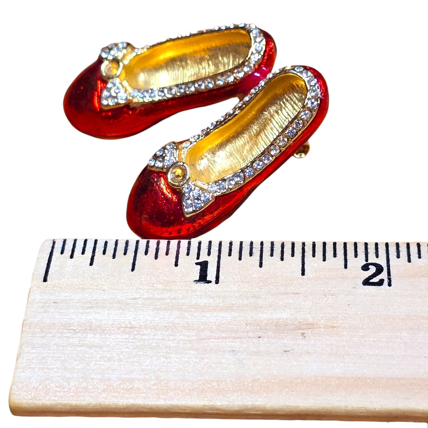 AS IS Ruby Slippers Red Enamel Rhinestone Accents Bow Red Shoes Pin Brooch Jewelry