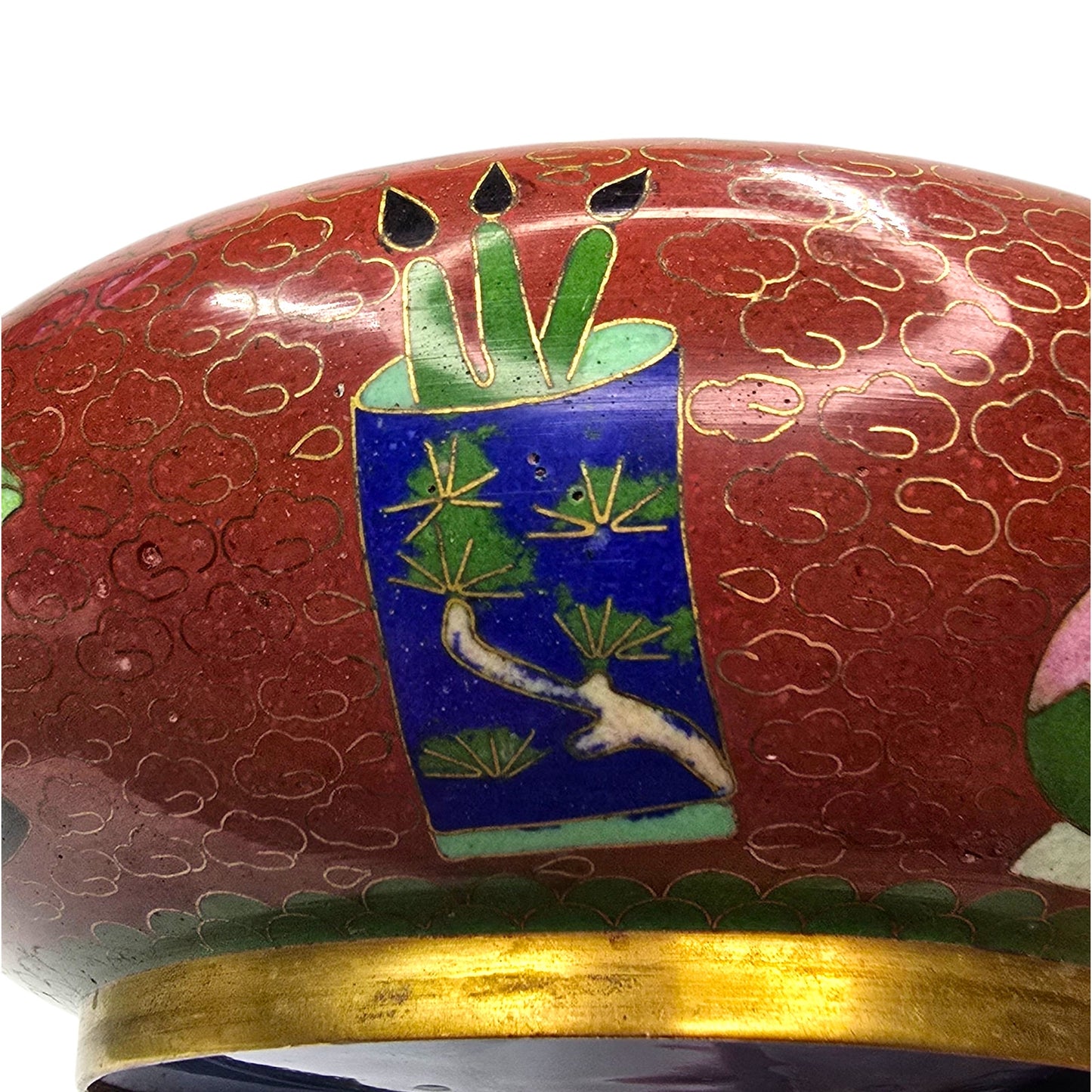 Vtg Chinese Cloisonne Lidded Bowl Red Enamel Lotus Floral Brass Vanity Dish